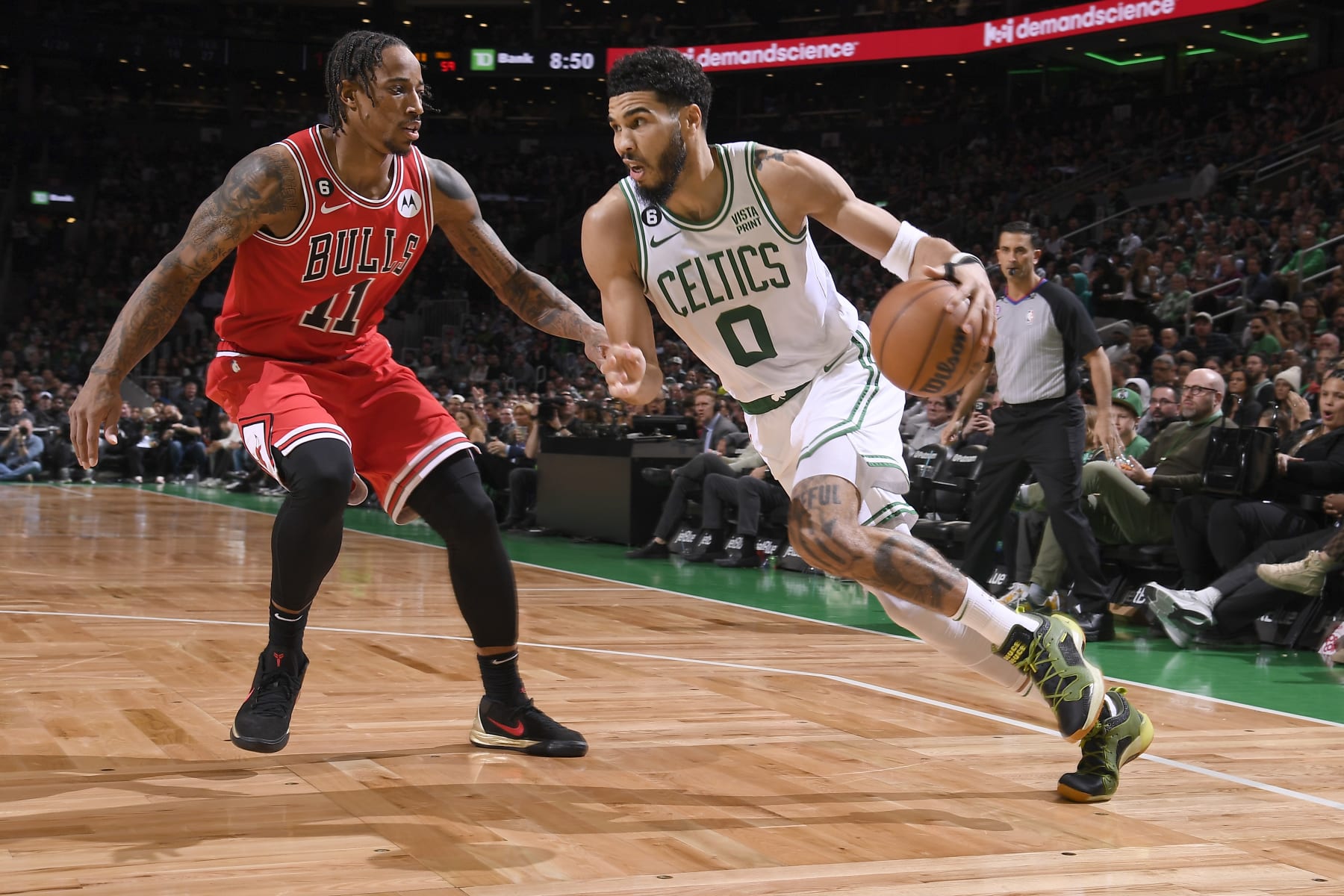 BOSTON, MA - JANUARY 9: Jayson Tatum #0 of the Boston Celtics moves the ball during the game against the Chicago Bulls on January 9, 2023 at the TD Garden in Boston, Massachusetts. NOTE TO USER: User expressly acknowledges and agrees that, by downloading and or using this photograph, User is consenting to the terms and conditions of the Getty Images License Agreement. Mandatory Copyright Notice: Copyright 2023 NBAE  (Photo by Brian Babineau/NBAE via Getty Images)