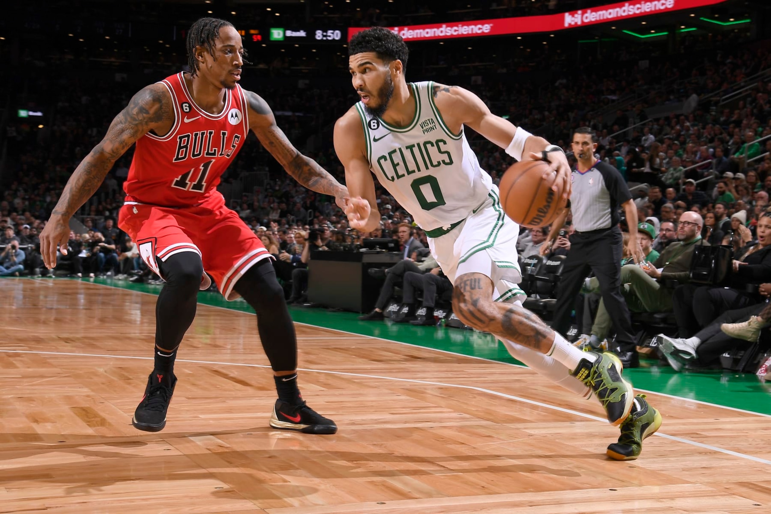 BOSTON, MA - JANUARY 9: Jayson Tatum #0 of the Boston Celtics moves the ball during the game against the Chicago Bulls on January 9, 2023 at the TD Garden in Boston, Massachusetts. NOTE TO USER: User expressly acknowledges and agrees that, by downloading and or using this photograph, User is consenting to the terms and conditions of the Getty Images License Agreement. Mandatory Copyright Notice: Copyright 2023 NBAE  (Photo by Brian Babineau/NBAE via Getty Images)