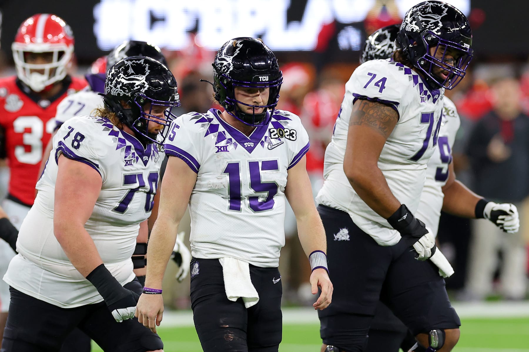 INGLEWOOD, CALIFORNIA - JANUARY 09: Max Duggan #15 of the TCU Horned Frogs reacts after a sack in the third quarter against the Georgia Bulldogs in the College Football Playoff National Championship game at SoFi Stadium on January 09, 2023 in Inglewood, California. (Photo by Kevin C. Cox/Getty Images)