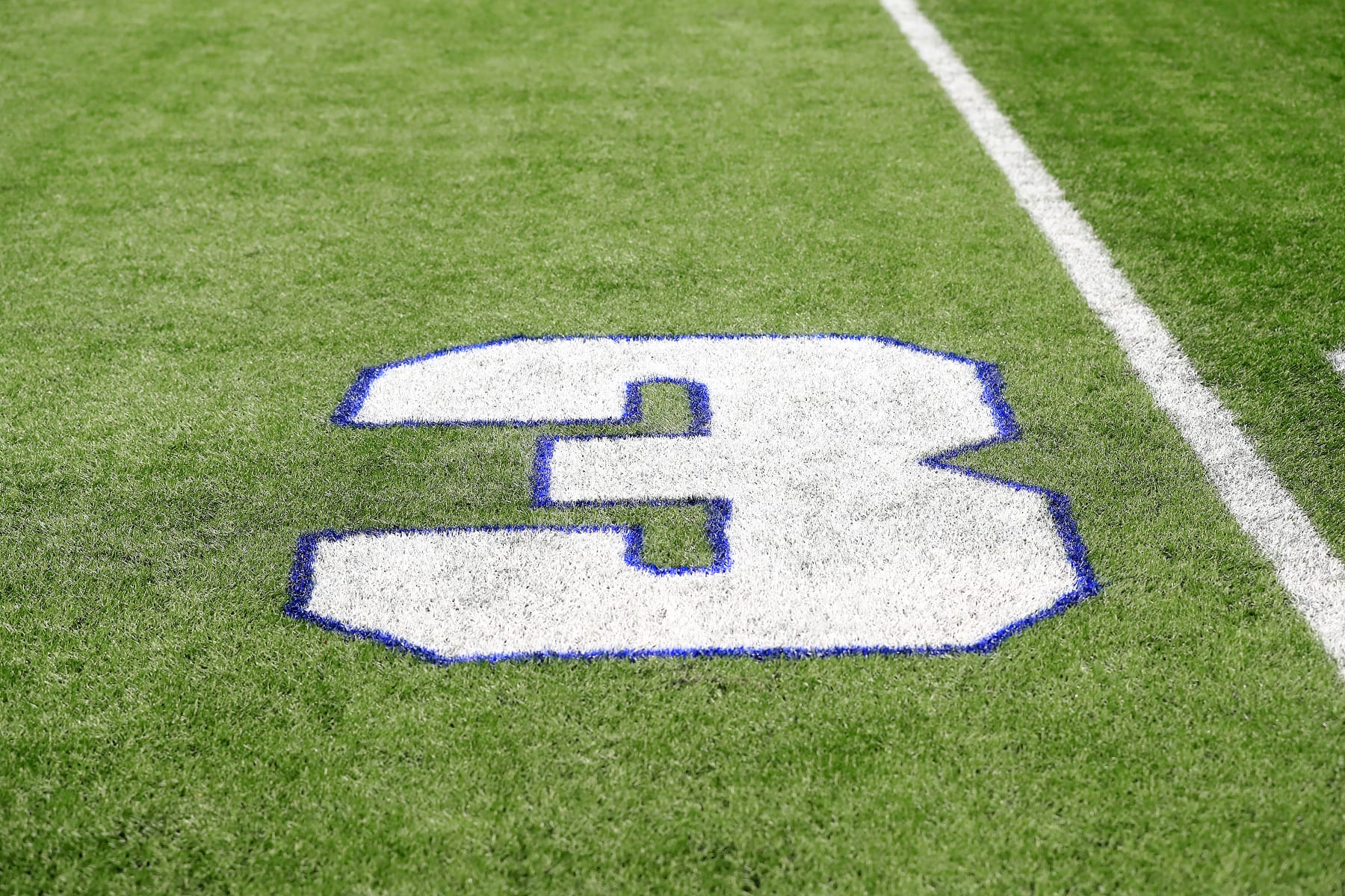 ATLANTA, GA - JANUARY 08: The #3 of the 30 yard line marker is outlined in blue as a tribute to Damar Hamlin during the Sunday afternoon NFL game between the Tampa Bay Buccaneers and the Atlanta Falcons on January 8, 2023 at the Mercedes-Benz Stadium in Atlanta, Georgia.  (Photo by David J. Griffin/Icon Sportswire via Getty Images)