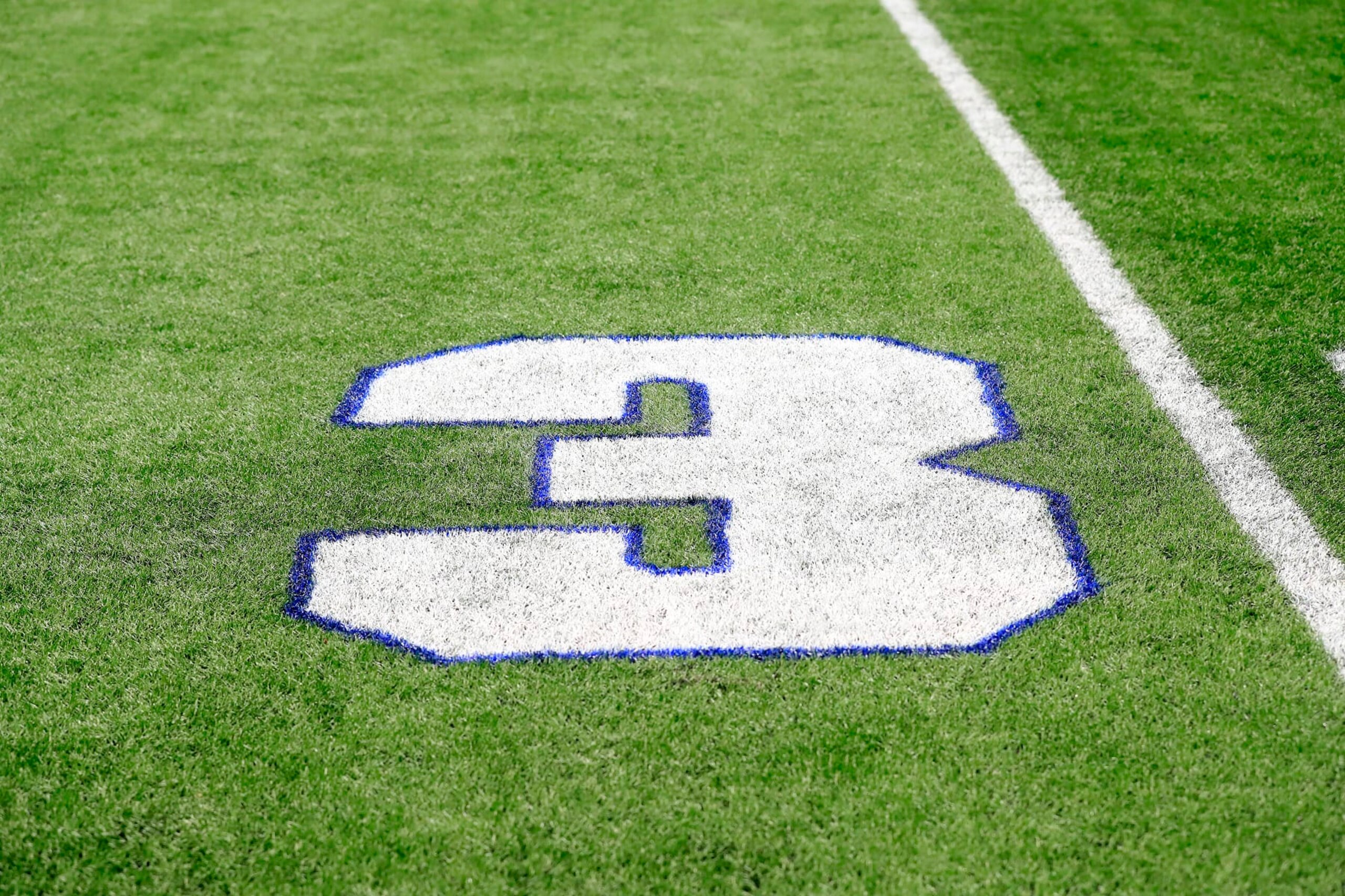 ATLANTA, GA - JANUARY 08: The #3 of the 30 yard line marker is outlined in blue as a tribute to Damar Hamlin during the Sunday afternoon NFL game between the Tampa Bay Buccaneers and the Atlanta Falcons on January 8, 2023 at the Mercedes-Benz Stadium in Atlanta, Georgia. (Photo by David J. Griffin/Icon Sportswire via Getty Images) ATLANTA, GA - JANUARY 08: The #3 of the 30 yard line marker is outlined in blue as a tribute to Damar Hamlin during the Sunday afternoon NFL game between the Tampa Bay Buccaneers and the Atlanta Falcons on January 8, 2023 at the Mercedes-Benz Stadium in Atlanta, Georgia. (Photo by David J. Griffin/Icon Sportswire via Getty Images)