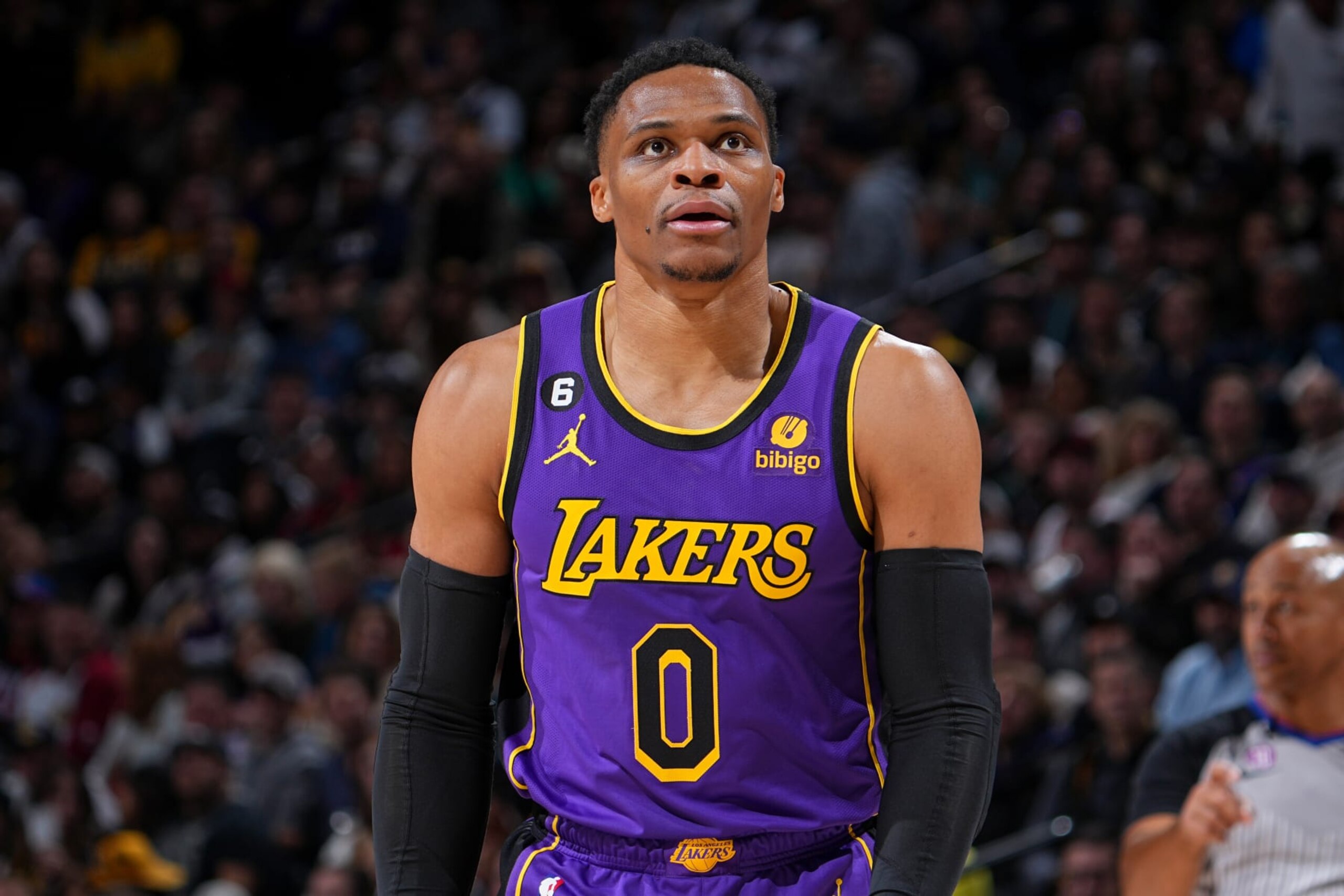 DENVER, CO - JANUARY 9: Russell Westbrook #0 of the Los Angeles Lakers looks on during the game against the Denver Nuggets on January 9, 2023 at the Ball Arena in Denver, Colorado. NOTE TO USER: User expressly acknowledges and agrees that, by downloading and/or using this Photograph, user is consenting to the terms and conditions of the Getty Images License Agreement. Mandatory Copyright Notice: Copyright 2023 NBAE (Photo by Bart Young/NBAE via Getty Images)