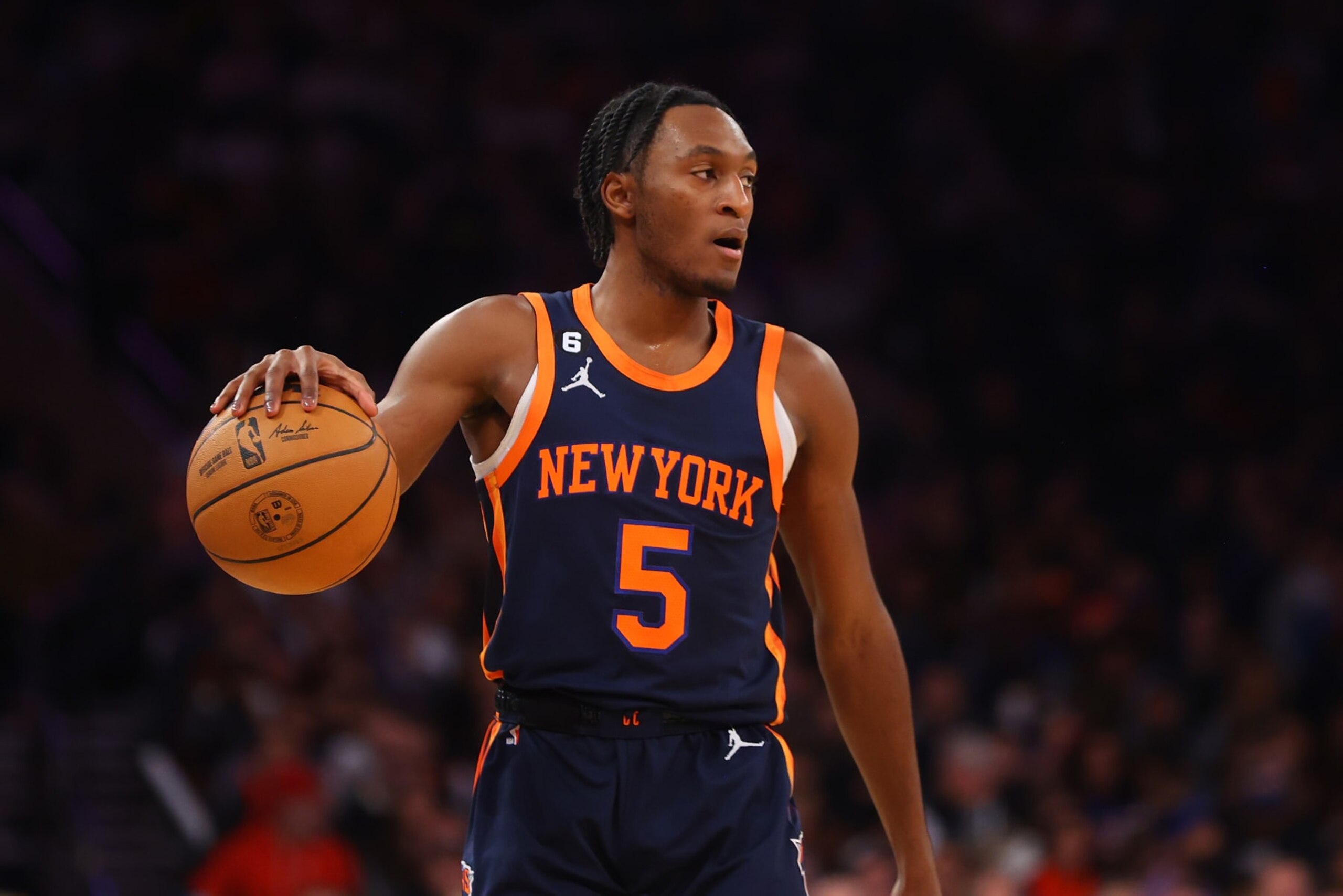 NEW YORK, NEW YORK - JANUARY 02: Immanuel Quickley #5 of the New York Knicks in action against the Phoenix Suns at Madison Square Garden on January 02, 2023 in New York City. NOTE TO USER: User expressly acknowledges and agrees that, by downloading and or using this Photograph, user is consenting to the terms and conditions of the Getty Images License Agreement. New York Knicks defeated the Phoenix Suns 102-83. (Photo by Mike Stobe/Getty Images) NEW YORK, NEW YORK - JANUARY 02: Immanuel Quickley #5 of the New York Knicks in action against the Phoenix Suns at Madison Square Garden on January 02, 2023 in New York City. NOTE TO USER: User expressly acknowledges and agrees that, by downloading and or using this Photograph, user is consenting to the terms and conditions of the Getty Images License Agreement. New York Knicks defeated the Phoenix Suns 102-83. (Photo by Mike Stobe/Getty Images)