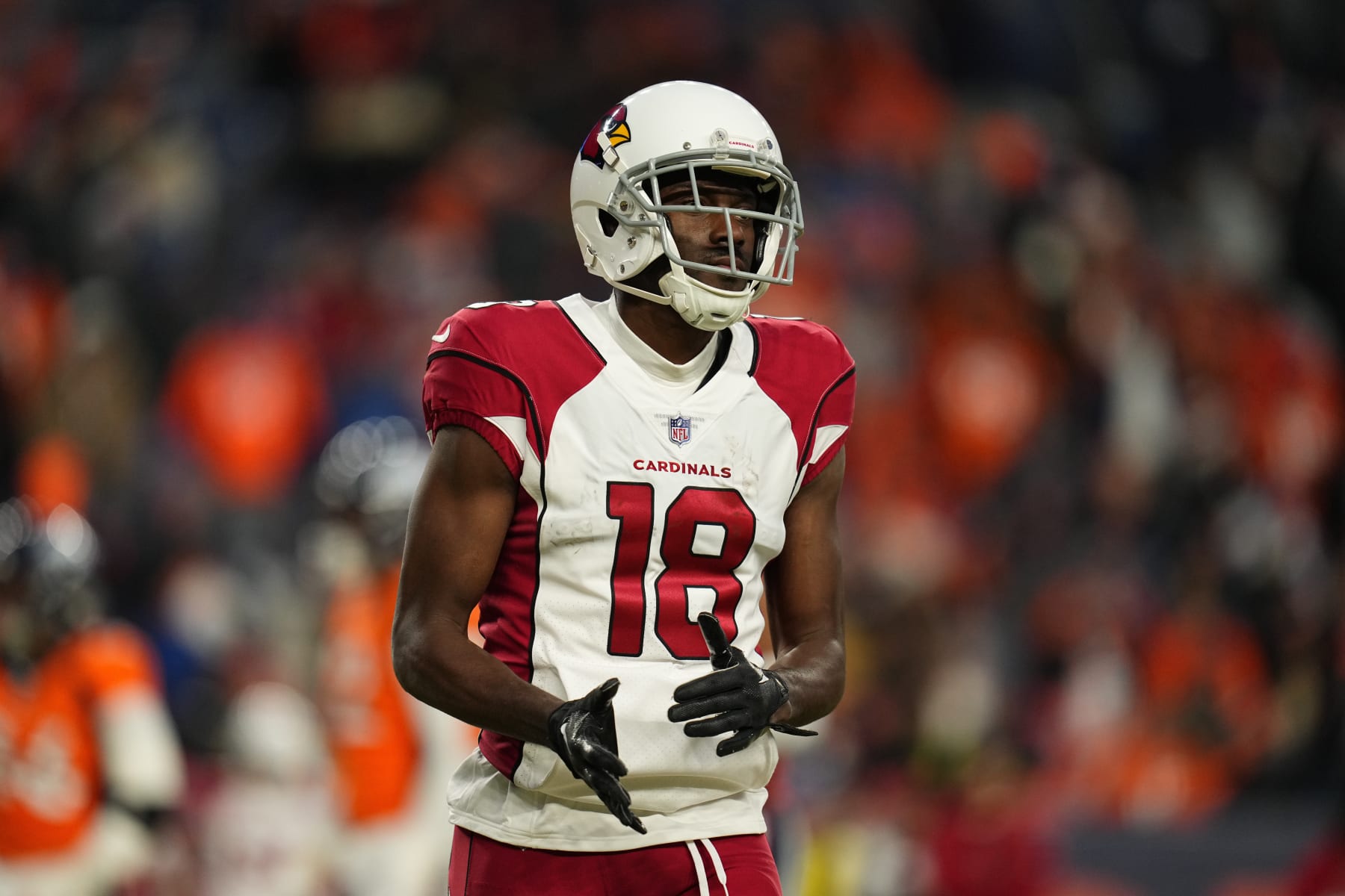 Arizona Cardinals wide receiver A.J. Green (18) looks on against the Denver Broncos during the second half of an NFL football game Sunday, Dec. 18, 2022, in Denver. (AP Photo/Jack Dempsey)