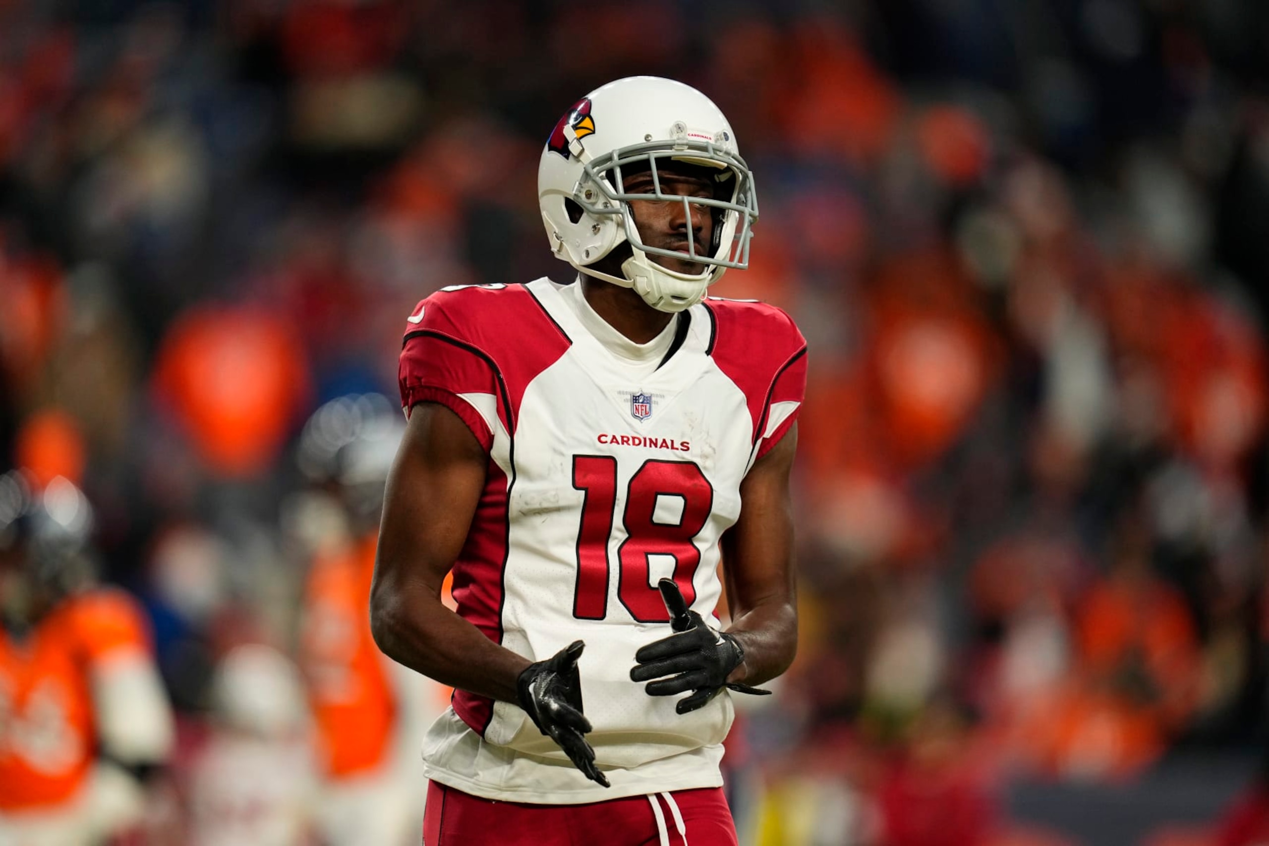 Arizona Cardinals wide receiver A.J. Green (18) looks on against the Denver Broncos during the second half of an NFL football game Sunday, Dec. 18, 2022, in Denver. (AP Photo/Jack Dempsey)