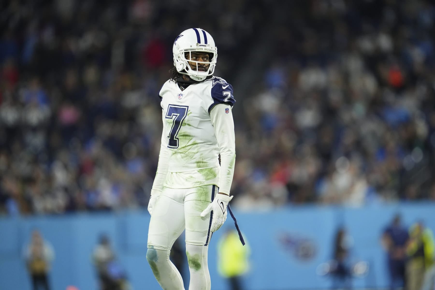 NASHVILLE, TN - DECEMBER 29: Trevon Diggs #7 of the Dallas Cowboys looks down field against the Tennessee Titans at Nissan Stadium on December 29, 2022 in Nashville, Tennessee. (Photo by Cooper Neill/Getty Images)
