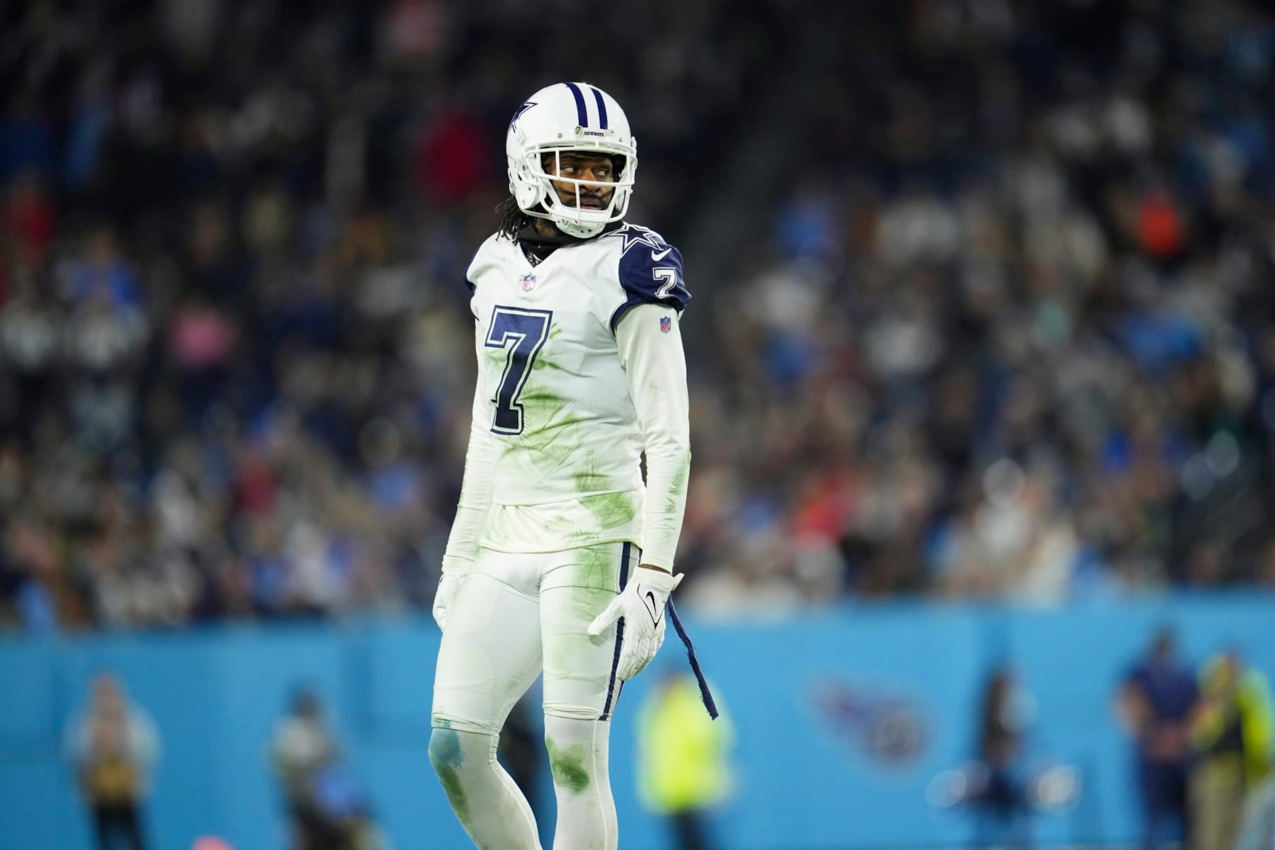 NASHVILLE, TN - DECEMBER 29: Trevon Diggs #7 of the Dallas Cowboys looks down field against the Tennessee Titans at Nissan Stadium on December 29, 2022 in Nashville, Tennessee. (Photo by Cooper Neill/Getty Images)