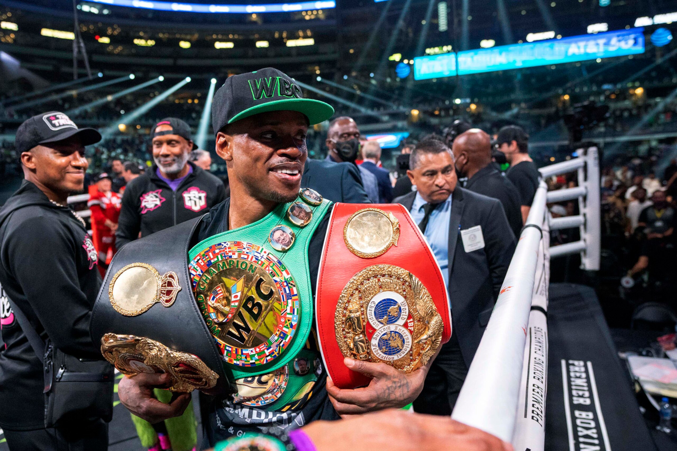 Errol Spence Jr. acknowledges fans after defeating Yordenis Ugas, from Cuba, in a world welterweight championship boxing match Saturday, April 16, 2022, in Arlington, Texas. (AP Photo/Jeffrey McWhorter) Errol Spence Jr. acknowledges fans after defeating Yordenis Ugas, from Cuba, in a world welterweight championship boxing match Saturday, April 16, 2022, in Arlington, Texas. (AP Photo/Jeffrey McWhorter)
