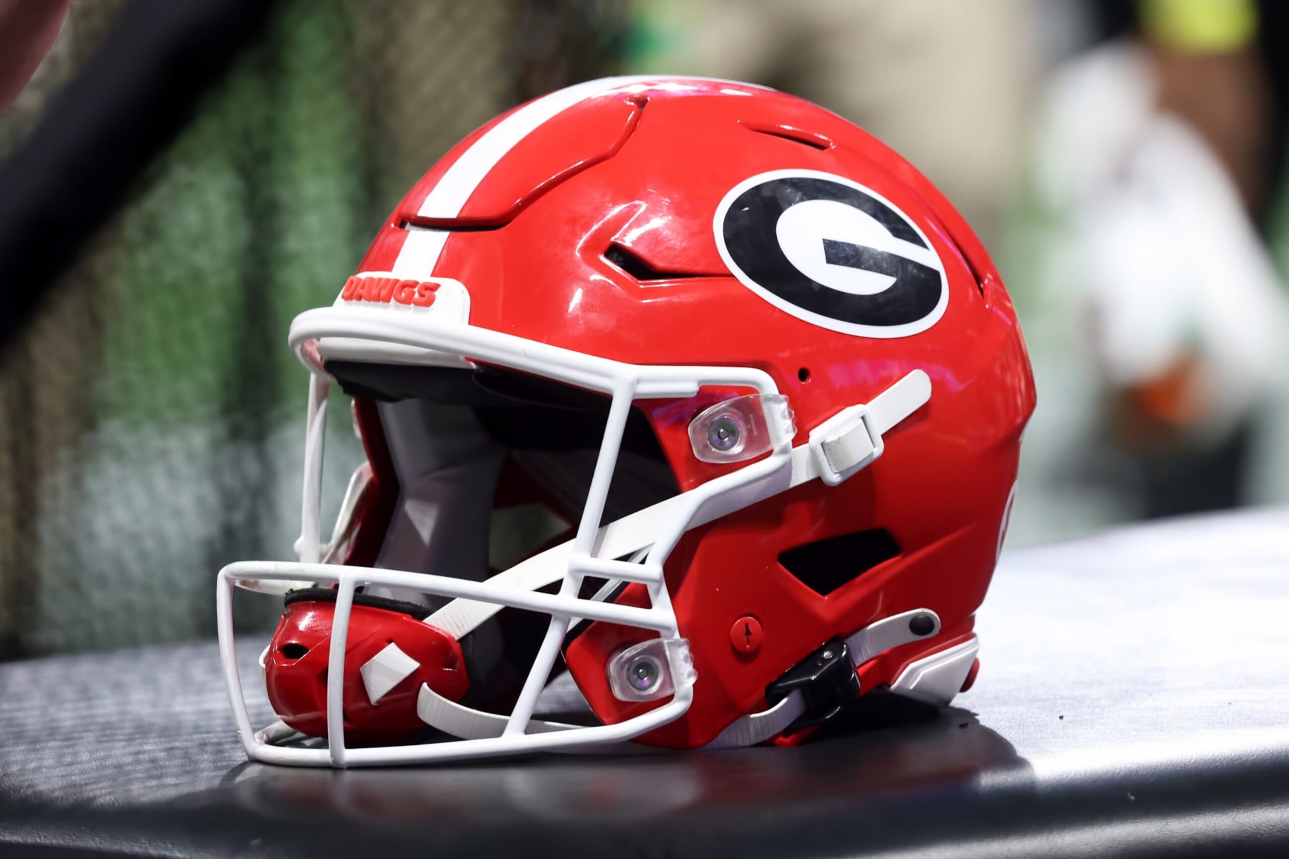 ATLANTA, GA - DECEMBER 31:  A general view of a Georgia Bulldogs helmet during the college football Playoff Semifinal game at the Chick-fil-a Peach Bowl between the Georgia Bulldogs and the Ohio State Buckeyes on December 31, 2022 at Mercedes-Benz Stadium in Atlanta, Georgia.  (Photo by Michael Wade/Icon Sportswire via Getty Images)