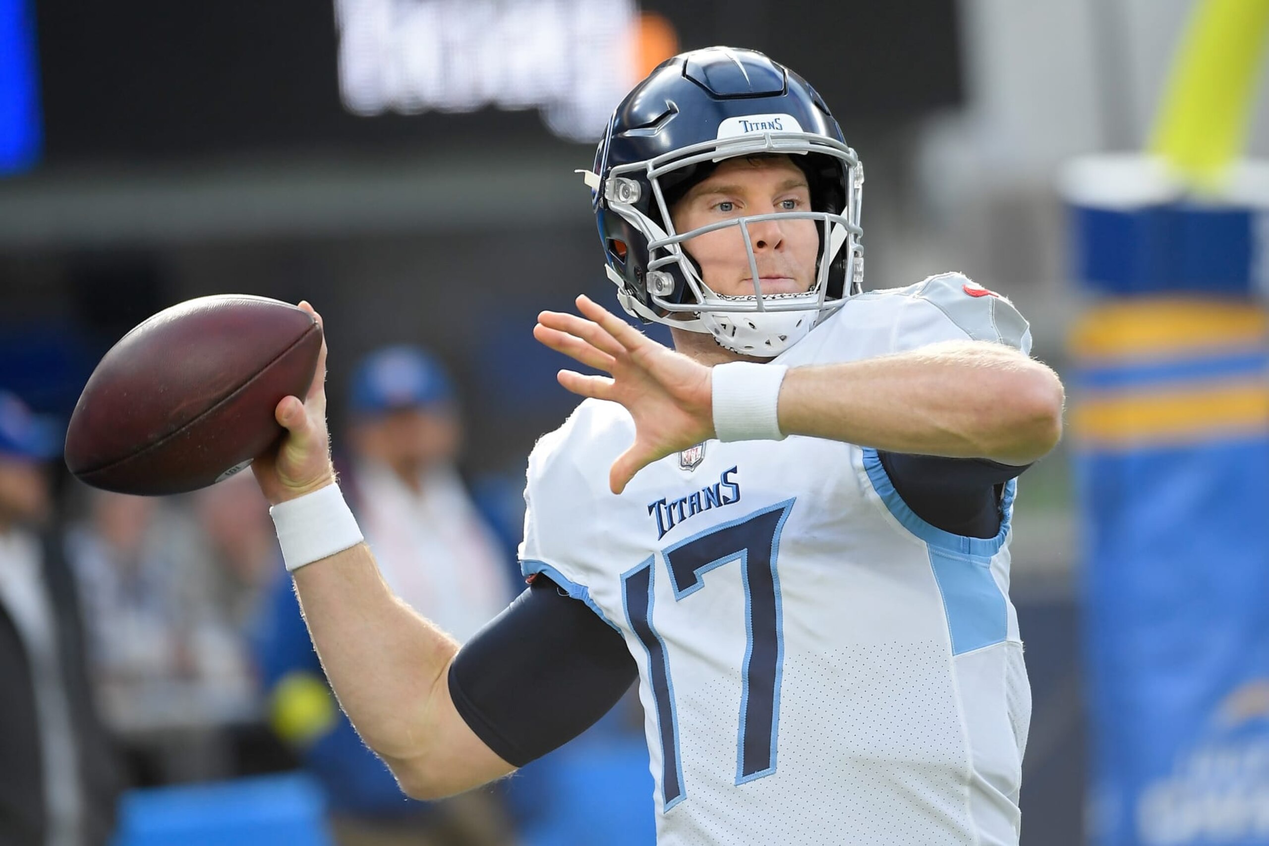 INGLEWOOD, CALIFORNIA - DECEMBER 18: Ryan Tannehill #17 of the Tennessee Titans throws the ball during warmups before the game against the Los Angeles Chargers at SoFi Stadium on December 18, 2022 in Inglewood, California. (Photo by Kevork Djansezian/Getty Images) INGLEWOOD, CALIFORNIA - DECEMBER 18: Ryan Tannehill #17 of the Tennessee Titans throws the ball during warmups before the game against the Los Angeles Chargers at SoFi Stadium on December 18, 2022 in Inglewood, California. (Photo by Kevork Djansezian/Getty Images)