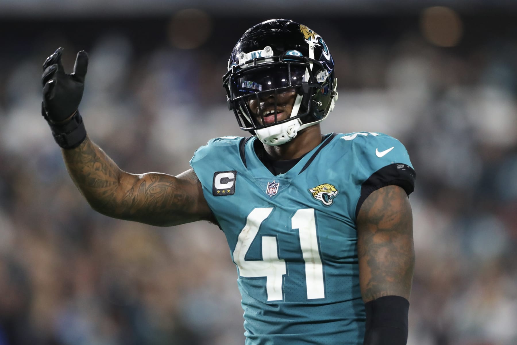 JACKSONVILLE, FLORIDA - JANUARY 07: Josh Allen #41 of the Jacksonville Jaguars in action during the second half against the Tennessee Titans at TIAA Bank Field on January 07, 2023 in Jacksonville, Florida. (Photo by Courtney Culbreath/Getty Images)