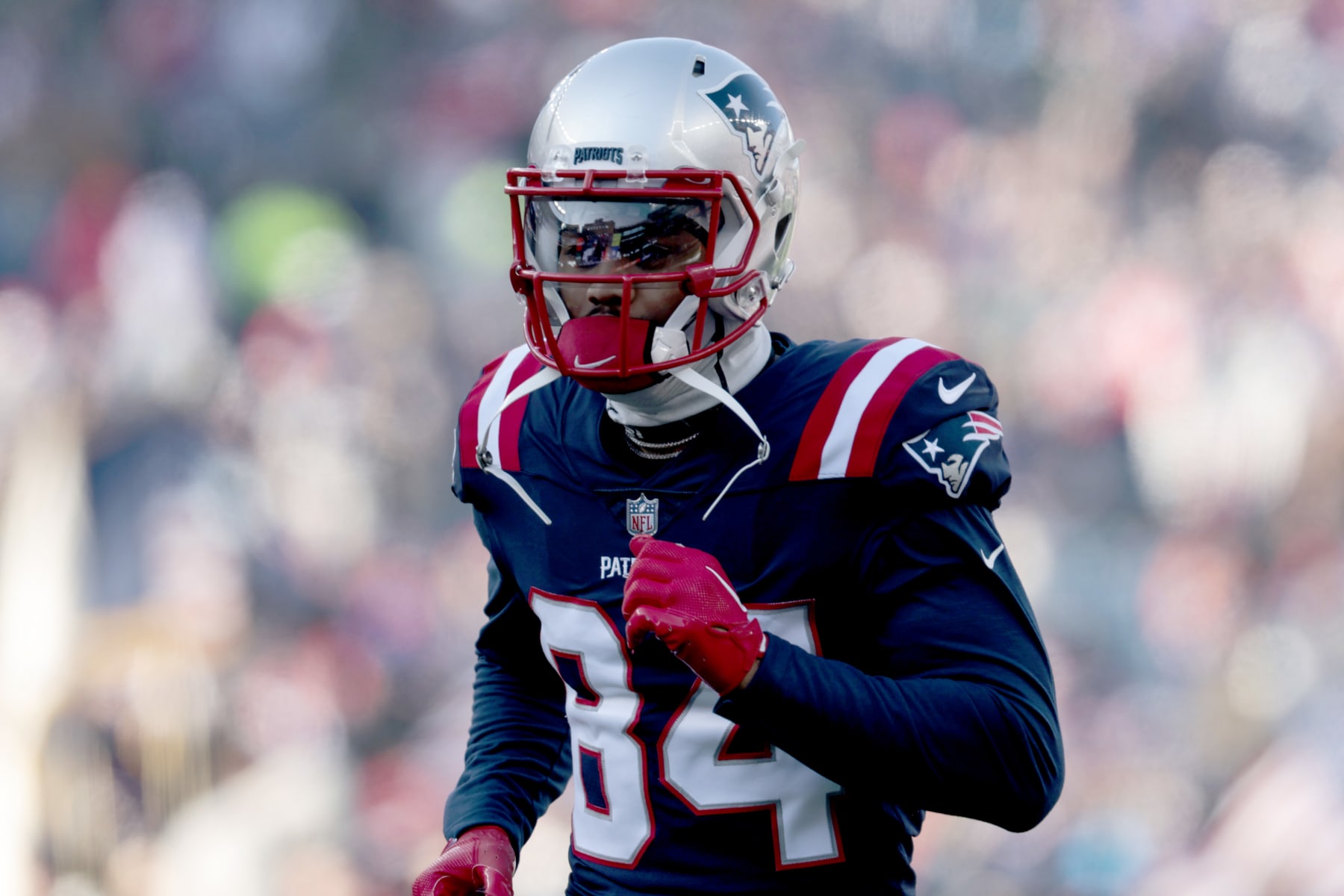 FOXBOROUGH, MASSACHUSETTS - DECEMBER 24: Kendrick Bourne #84 of the New England Patriots looks on prior to the start of the game between the New England Patriots and the Cincinnati Bengals at Gillette Stadium on December 24, 2022 in Foxborough, Massachusetts. (Photo by Nick Grace/Getty Images)