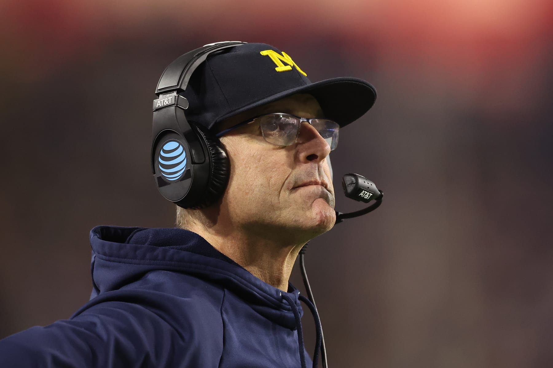 GLENDALE, ARIZONA - DECEMBER 31:  Head coach Jim Harbaugh of the Michigan Wolverines looks on during the Vrbo Fiesta Bowl at State Farm Stadium on December 31, 2022 in Glendale, Arizona. The Horned Frogs defeated the Wolverines 51-45.  (Photo by Christian Petersen/Getty Images)