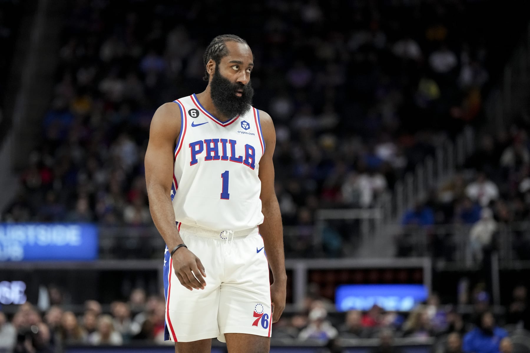 DETROIT, MICHIGAN - JANUARY 08: James Harden #1 of the Philadelphia 76ers looks on against the Detroit Pistons during the first quarter at Little Caesars Arena on January 08, 2023 in Detroit, Michigan. NOTE TO USER: User expressly acknowledges and agrees that, by downloading and or using this photograph, User is consenting to the terms and conditions of the Getty Images License Agreement. (Photo by Nic Antaya/Getty Images)