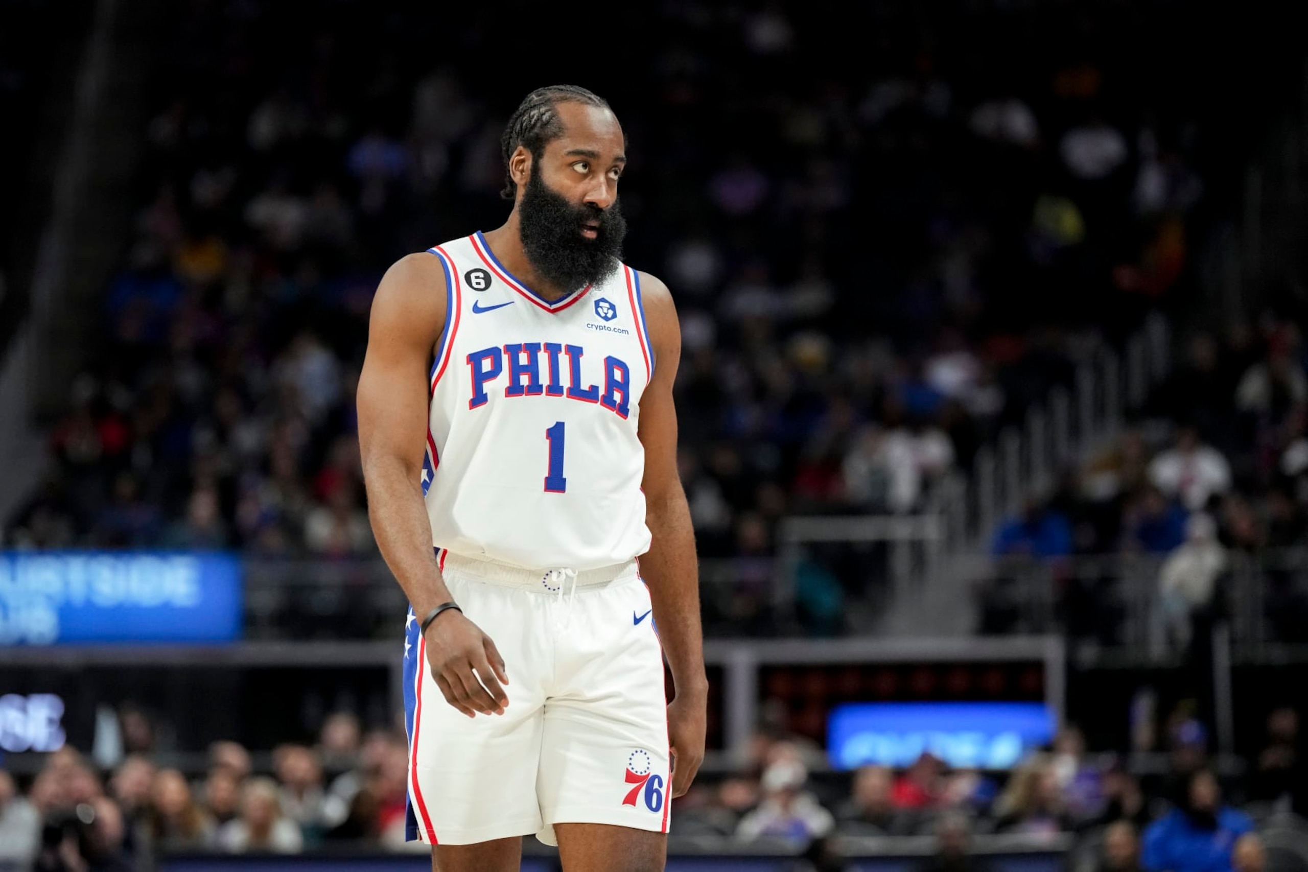 DETROIT, MICHIGAN - JANUARY 08: James Harden #1 of the Philadelphia 76ers looks on against the Detroit Pistons during the first quarter at Little Caesars Arena on January 08, 2023 in Detroit, Michigan. NOTE TO USER: User expressly acknowledges and agrees that, by downloading and or using this photograph, User is consenting to the terms and conditions of the Getty Images License Agreement. (Photo by Nic Antaya/Getty Images)