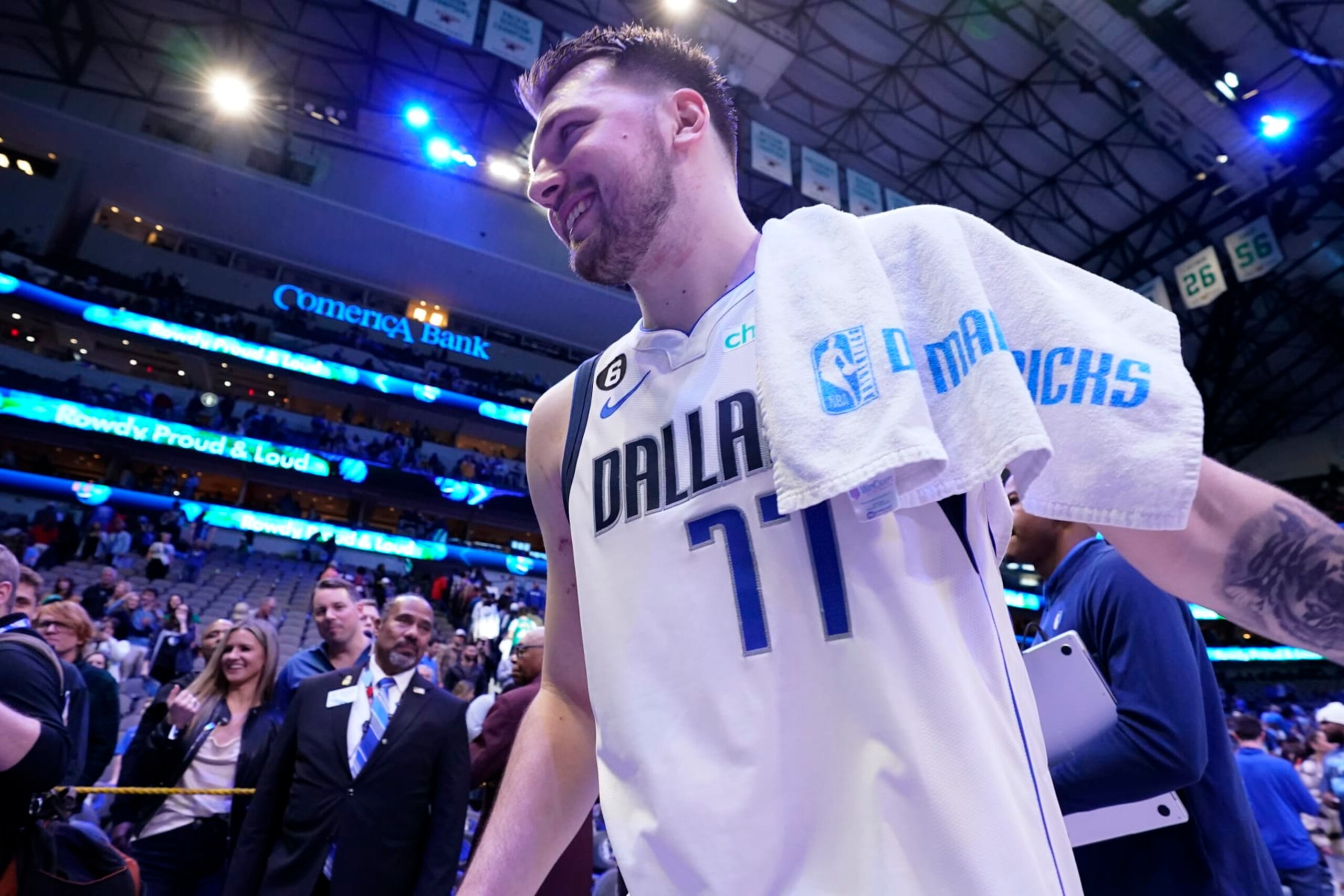 DALLAS, TEXAS - JANUARY 07: Luka Doncic #77 of the Dallas Mavericks walks off the court following a game against the New Orleans Pelicans at American Airlines Center on January 07, 2023 in Dallas, Texas. Dallas won 127-117. NOTE TO USER: User expressly acknowledges and agrees that, by downloading and or using this photograph, User is consenting to the terms and conditions of the Getty Images License Agreement. (Photo by Sam Hodde/Getty Images)