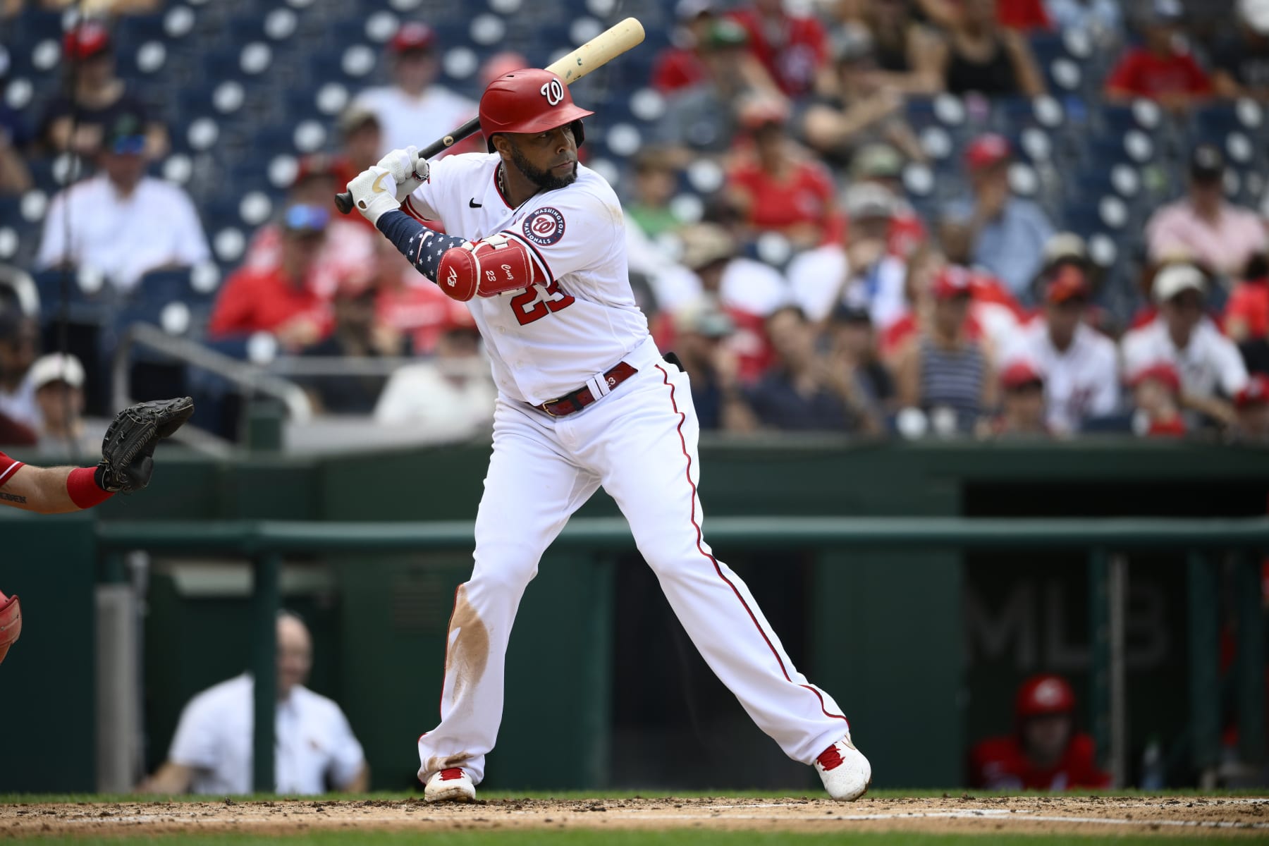 Washington Nationals' Nelson Cruz in action during a baseball game against the Cincinnati Reds, Sunday, Aug. 28, 2022, in Washington. (AP Photo/Nick Wass)