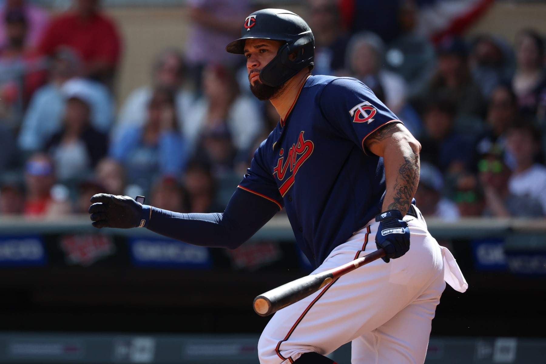 MINNEAPOLIS - SEPTEMBER 11: Gary Sanchez #24 of the Minnesota Twins hits an RBI single against the Cleveland Guardians during the fifth inning of the game at Target Field on September 11, 2022 in Minneapolis, Minnesota. The Guardians defeated the Twins 4-1. (Photo by Matt Krohn/Getty Images)