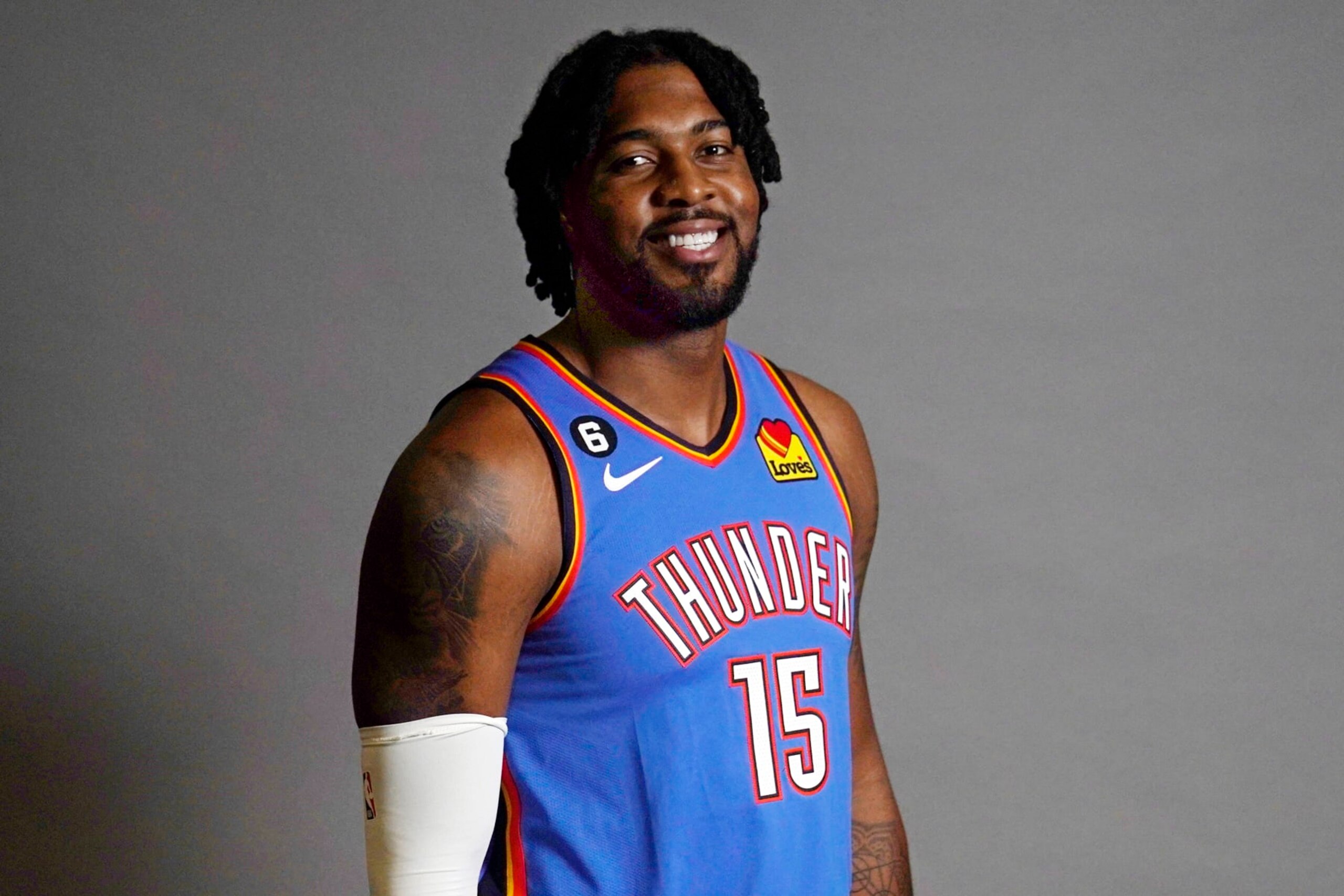 Oklahoma City Thunder's Derrick Favors (15) during an NBA media day Monday, Sept. 26, 2022, in Oklahoma City. (AP Photo/Sue Ogrocki)