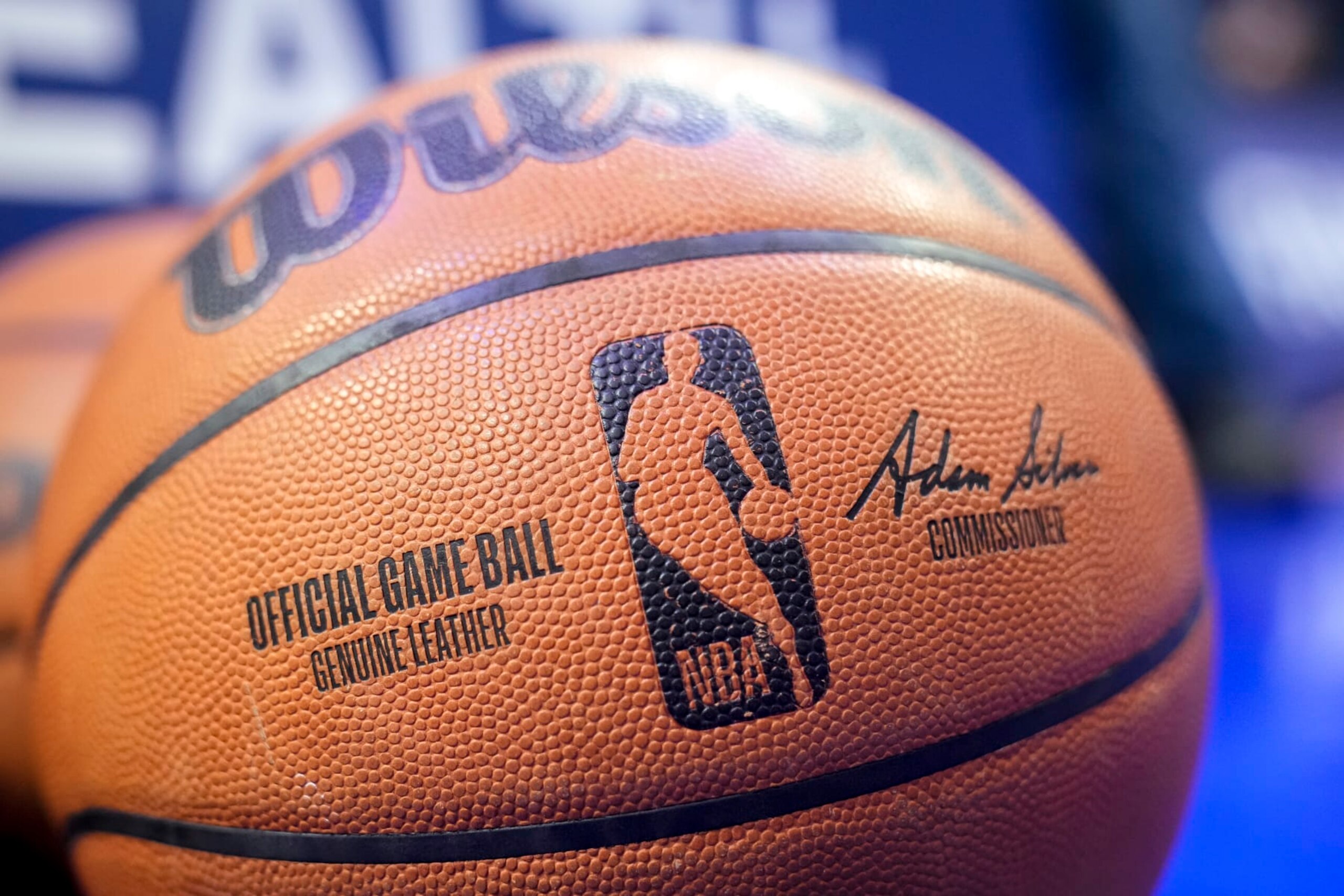 DETROIT, MICHIGAN - DECEMBER 28: A Wilson brand official game ball basketball is pictured with the NBA logo on the court during the game between the Detroit Pistons and Orlando Magic at Little Caesars Arena on December 28, 2022 in Detroit, Michigan. NOTE TO USER: User expressly acknowledges and agrees that, by downloading and or using this photograph, User is consenting to the terms and conditions of the Getty Images License Agreement. (Photo by Nic Antaya/Getty Images)