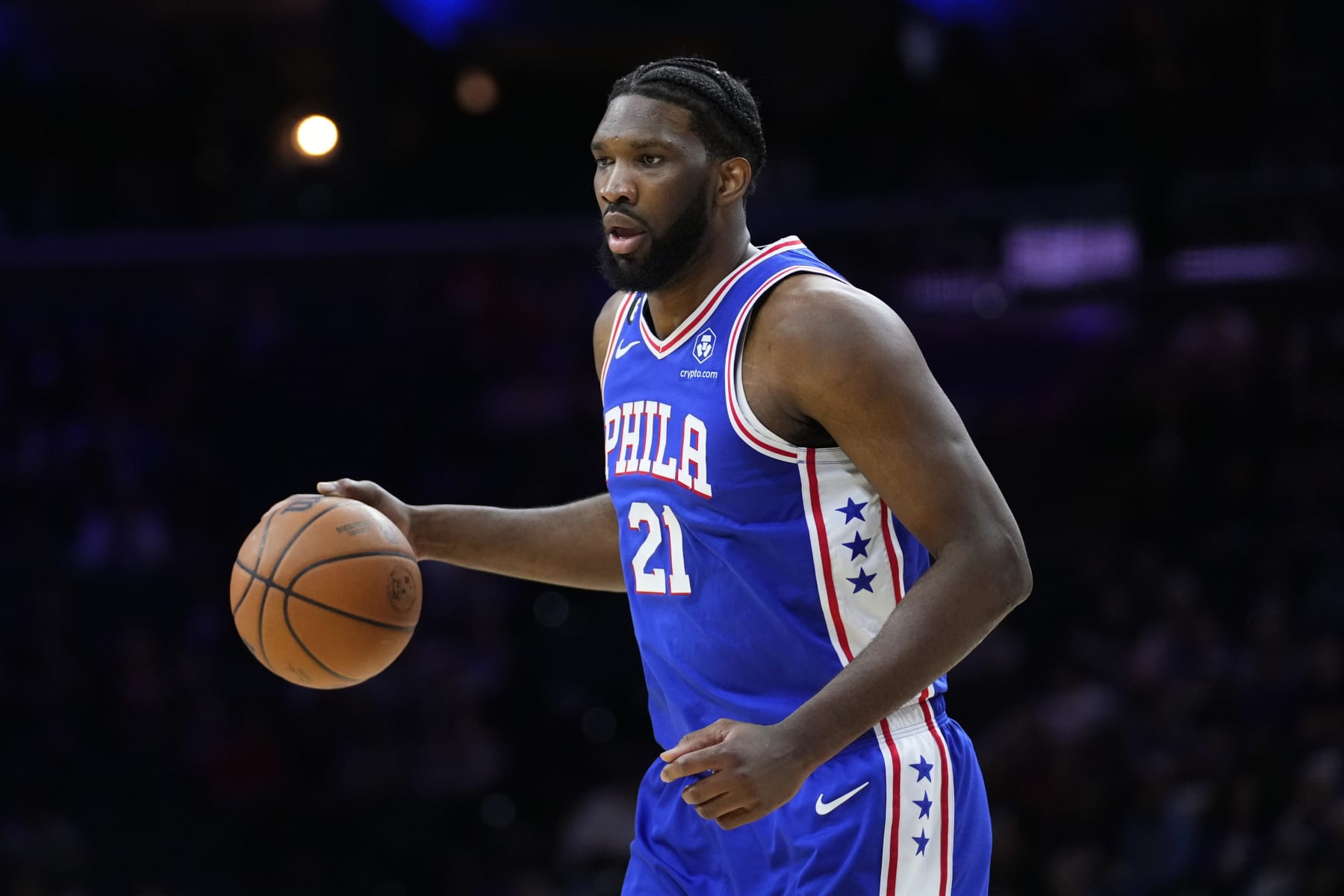 Philadelphia 76ers' Joel Embiid dribbles during the first half of an NBA basketball game against the Detroit Pistons, Tuesday, Jan. 10, 2023, in Philadelphia. (AP Photo/Matt Slocum)