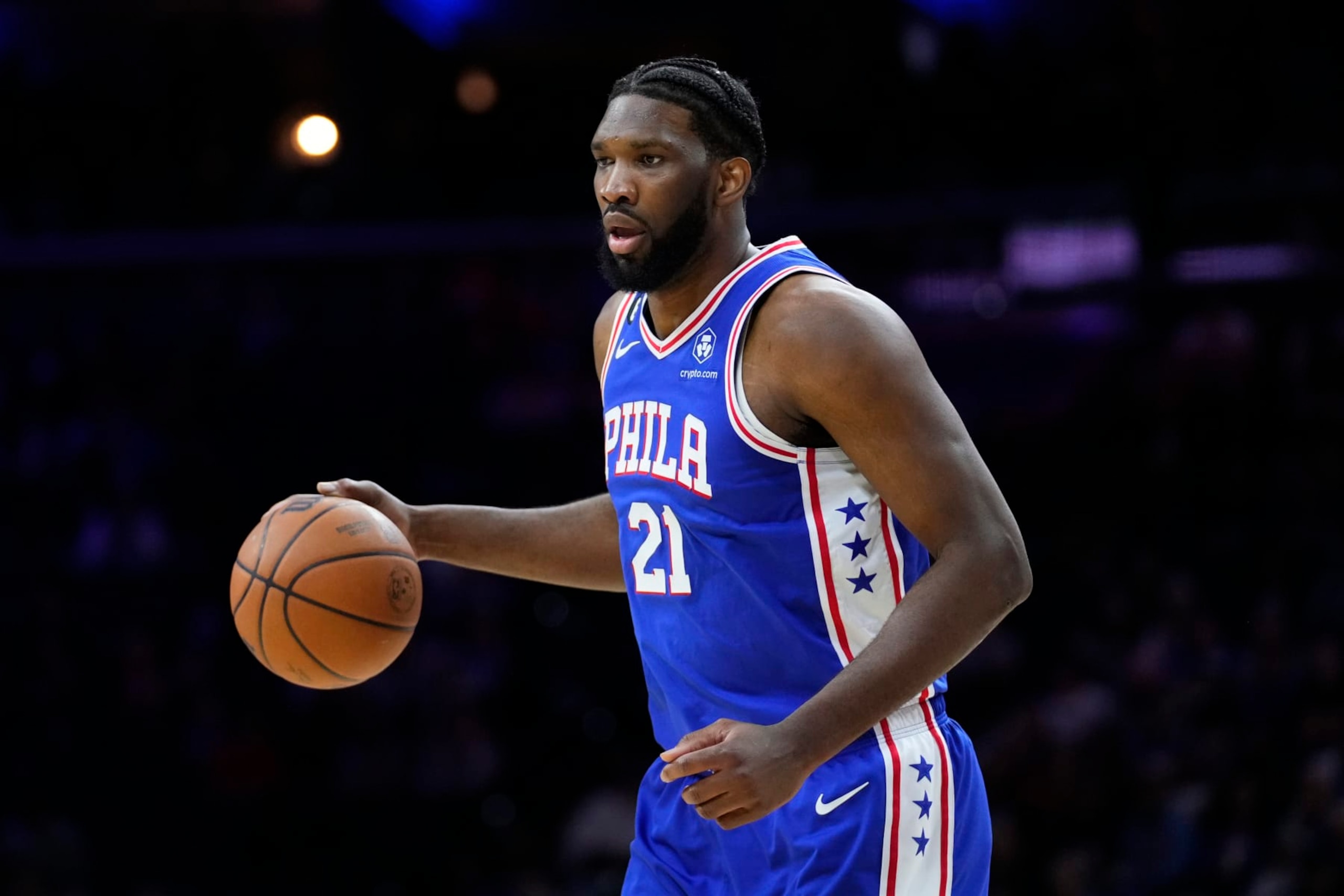 Philadelphia 76ers' Joel Embiid dribbles during the first half of an NBA basketball game against the Detroit Pistons, Tuesday, Jan. 10, 2023, in Philadelphia. (AP Photo/Matt Slocum) Philadelphia 76ers' Joel Embiid dribbles during the first half of an NBA basketball game against the Detroit Pistons, Tuesday, Jan. 10, 2023, in Philadelphia. (AP Photo/Matt Slocum)