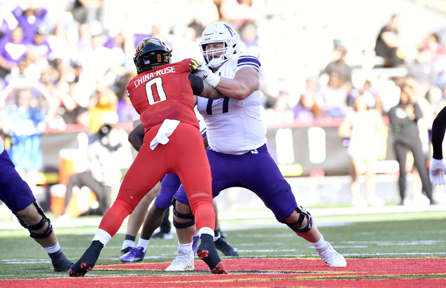COLLEGE PARK, MD - OCTOBER 22: Northwestern guard Peter Skoronski (77) blocks during the Northwestern Wildcats versus Maryland Terrapins game on October 22, 2022 at Capital One Field at Maryland Stadium in College Park, MD. (Photo by Randy Litzinger/Icon Sportswire via Getty Images)