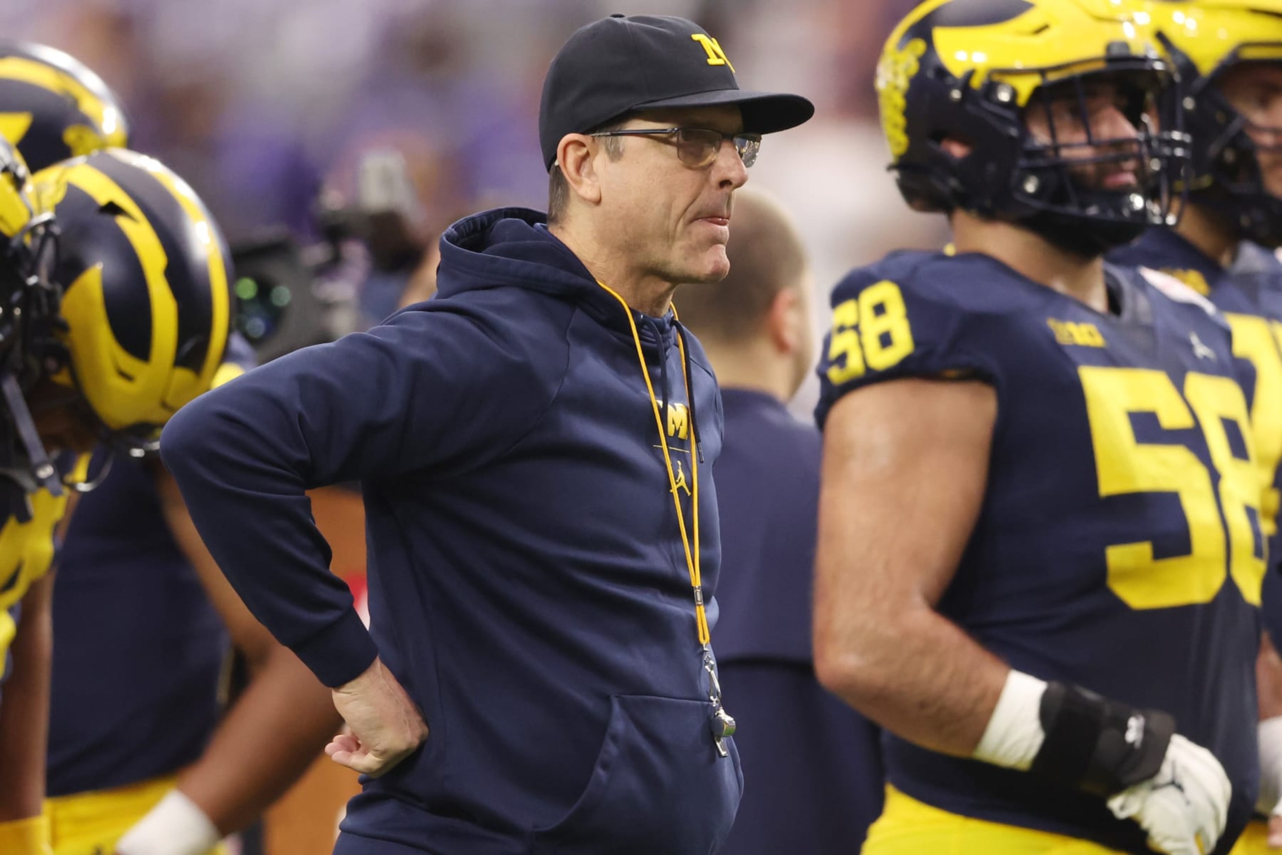 GLENDALE, ARIZONA - DECEMBER 31: Head coach Jim Harbaugh of the Michigan Wolverines is seen prior to the game against the TCU Horned Frogs in the Vrbo Fiesta Bowl at State Farm Stadium on December 31, 2022 in Glendale, Arizona. (Photo by Christian Petersen/Getty Images)
