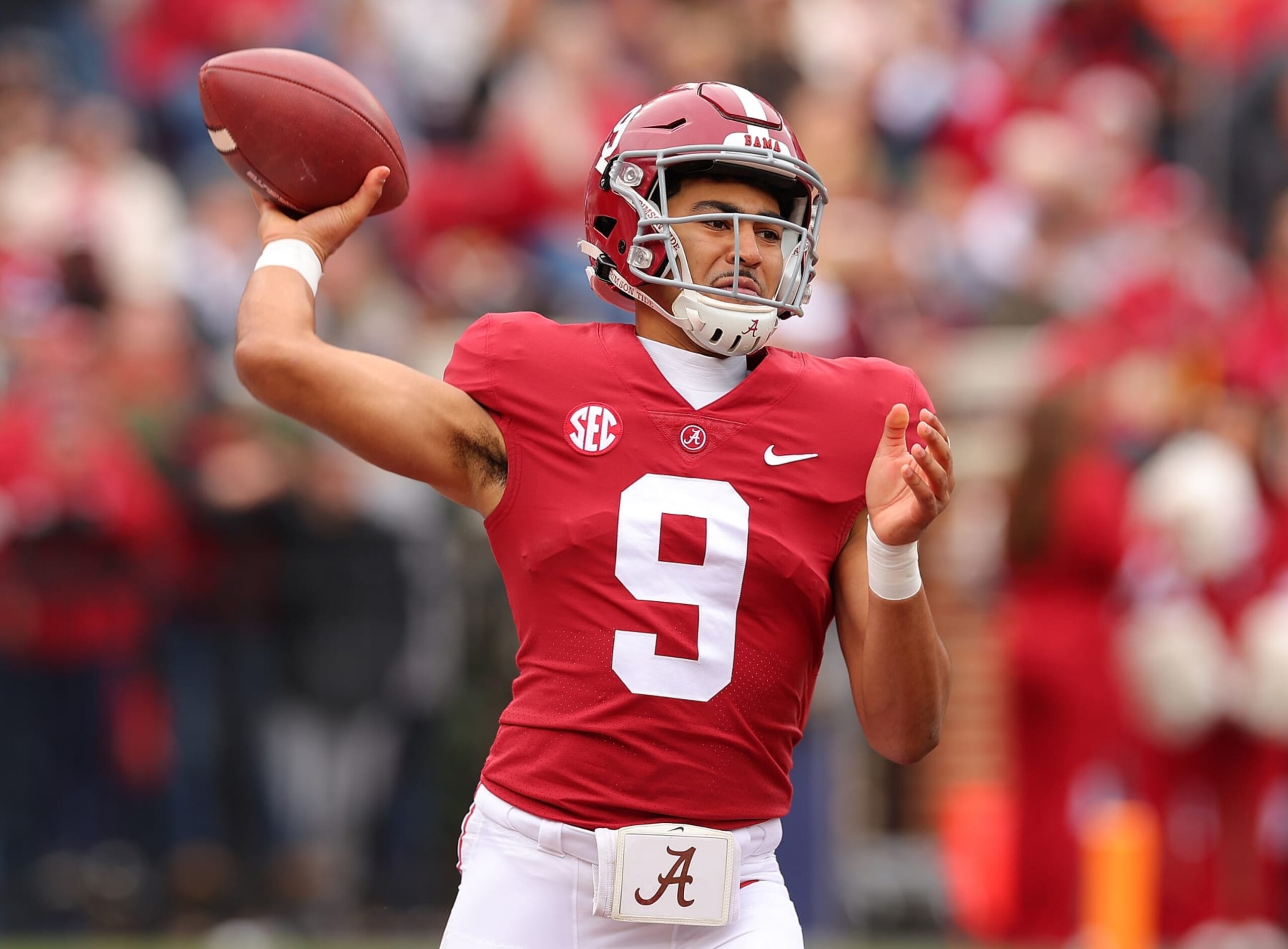 TUSCALOOSA, ALABAMA - NOVEMBER 19:  Bryce Young #9 of the Alabama Crimson Tide looks to pass against the Austin Peay Governors during the first half at Bryant-Denny Stadium on November 19, 2022 in Tuscaloosa, Alabama. (Photo by Kevin C. Cox/Getty Images)