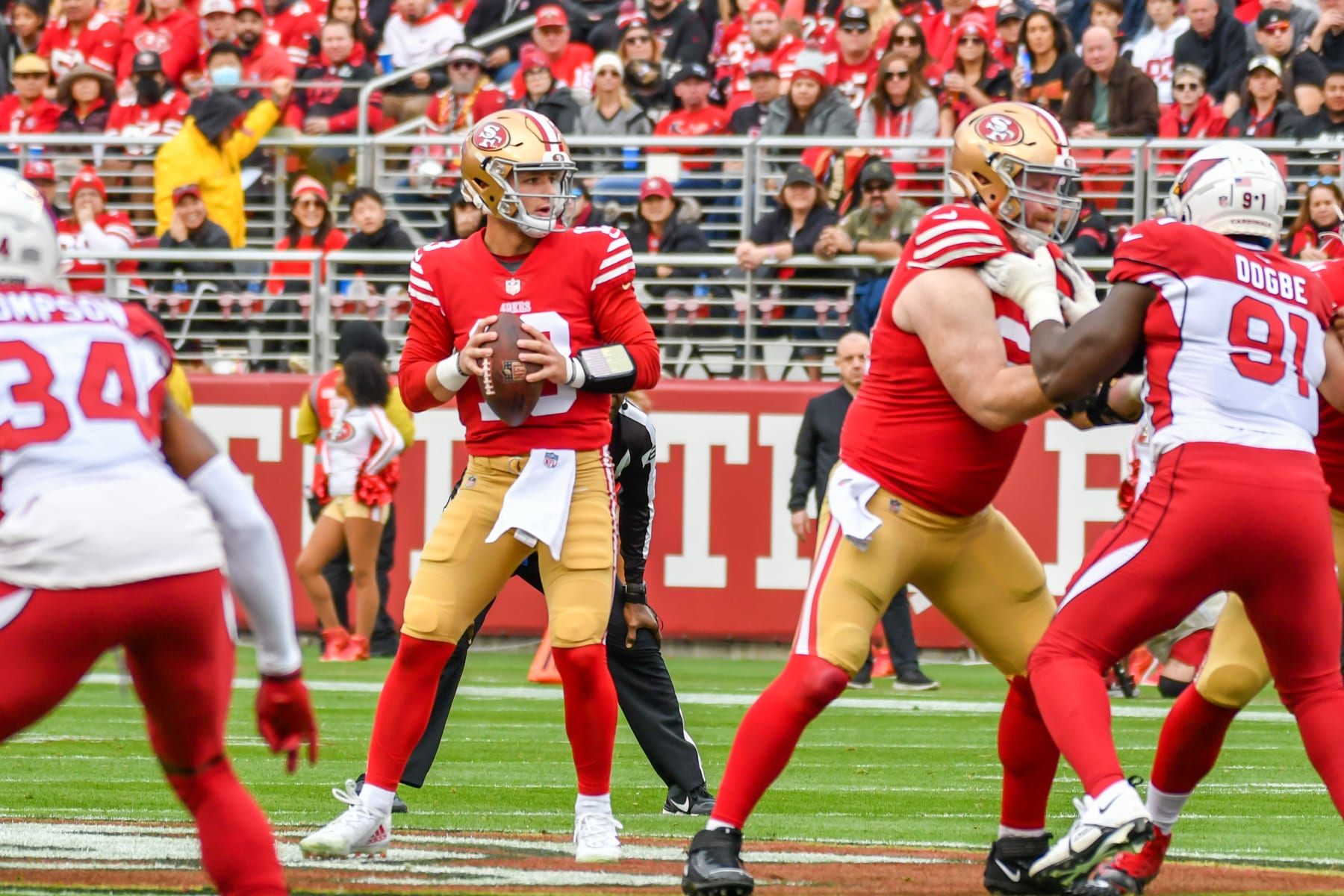 SANTA CLARA, CA - JANUARY 08: San Francisco 49ers quarterback Brock Purdy (13) sits in the pocket looking for a receiver during the Week 18 game between the Arizona Cardinals and the San Francisco 49ers on Sunday, January 8, 2023 at Levi's Stadium in Santa Clara, California. (Photo by Douglas Stringer/Icon Sportswire via Getty Images)