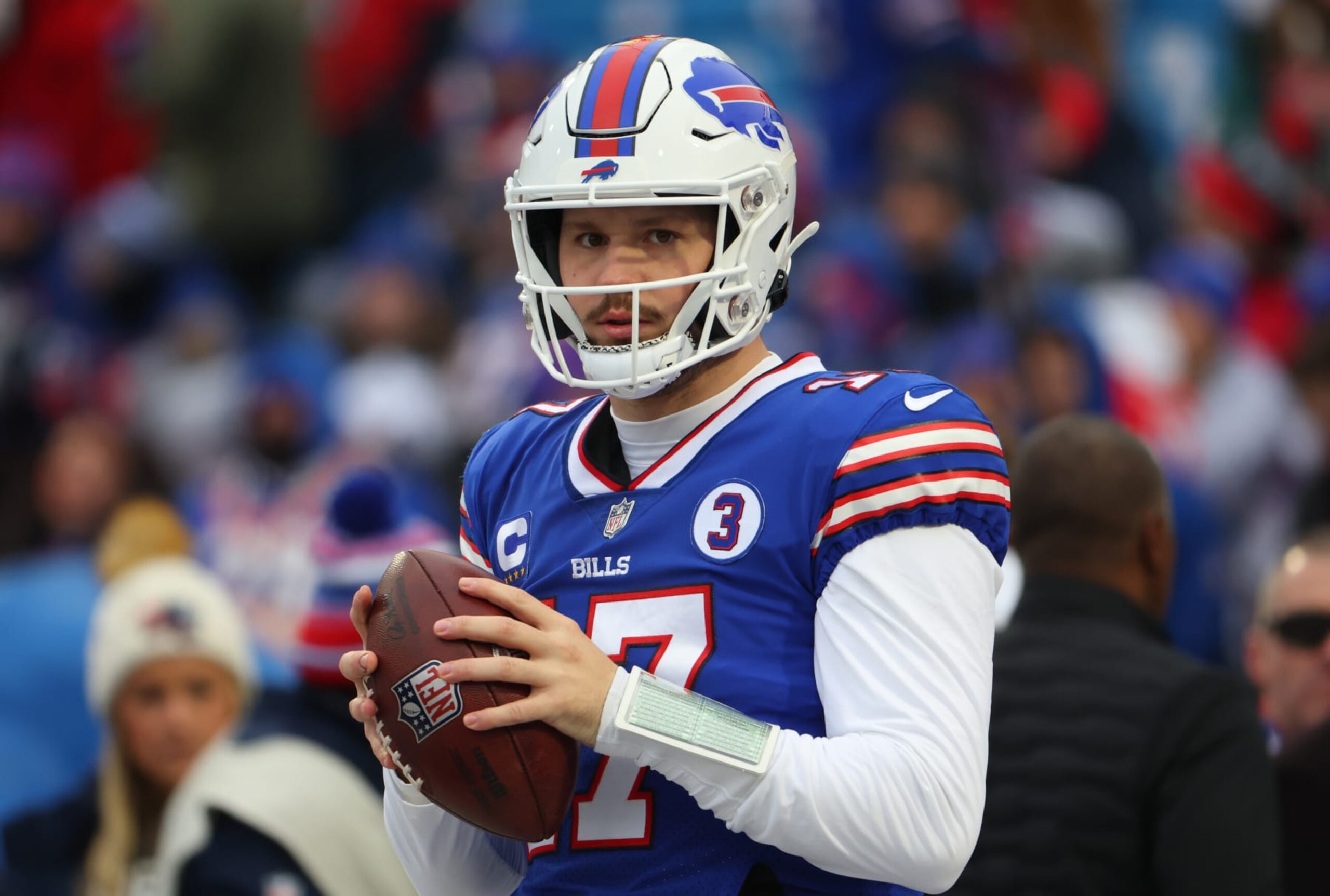 ORCHARD PARK, NY - JANUARY 08: Josh Allen #17 of the Buffalo Bills on the field before a game against the New England Patriots at Highmark Stadium on January 8, 2023 in Orchard Park, New York. (Photo by Timothy T Ludwig/Getty Images)