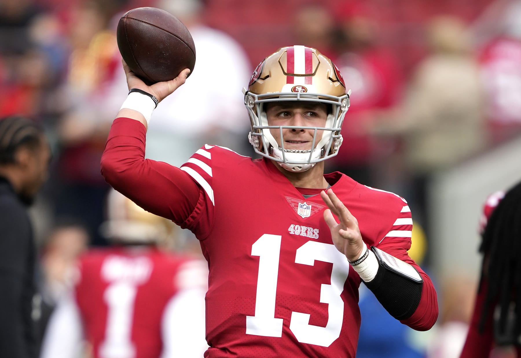 SANTA CLARA, CALIFORNIA - JANUARY 08: Brock Purdy #13 of the San Francisco 49ers warms up during pregame warm ups prior to the start of the game against the Arizona Cardinals at Levi's Stadium on January 08, 2023 in Santa Clara, California. (Photo by Thearon W. Henderson/Getty Images)