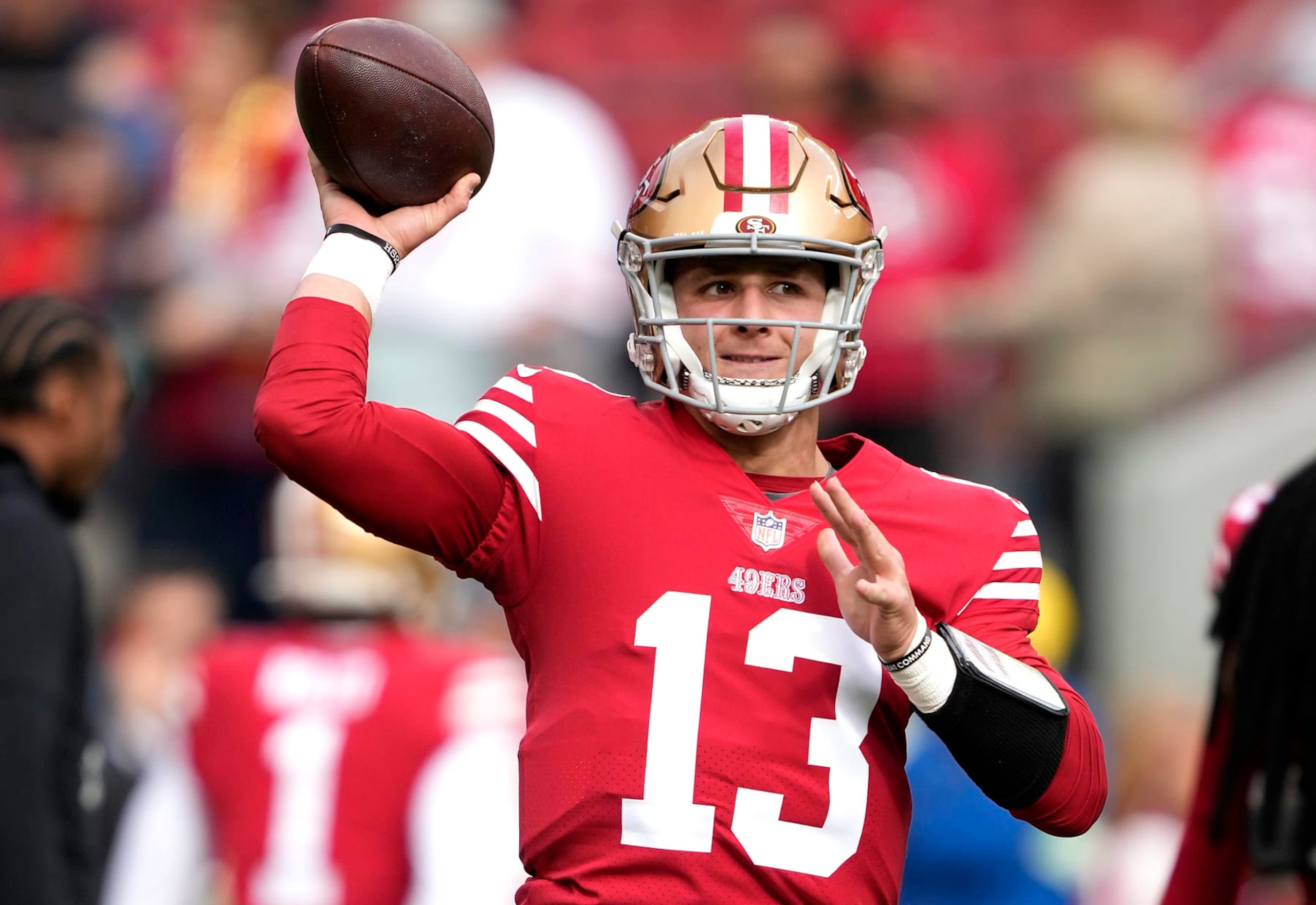 SANTA CLARA, CALIFORNIA - JANUARY 08: Brock Purdy #13 of the San Francisco 49ers warms up during pregame warm ups prior to the start of the game against the Arizona Cardinals at Levi's Stadium on January 08, 2023 in Santa Clara, California. (Photo by Thearon W. Henderson/Getty Images)