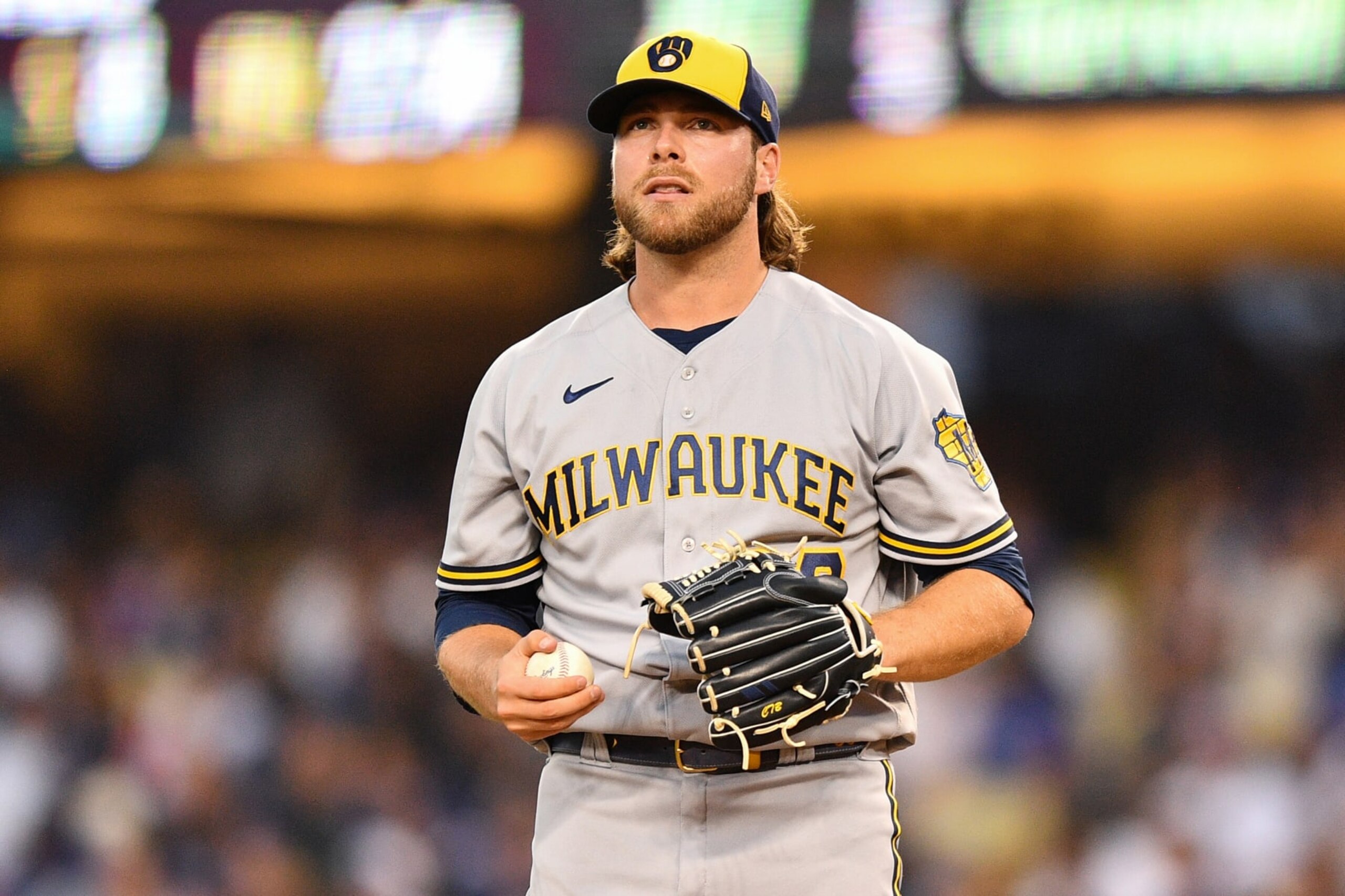 LOS ANGELES, CA - AUGUST 23: Milwaukee Brewers pitcher Corbin Burnes (39) looks on during the MLB game between the Milwaukee Brewers and the Los Angeles Dodgers on August 23, 2022 at Dodger Stadium in Los Angeles, CA. (Photo by Brian Rothmuller/Icon Sportswire via Getty Images)