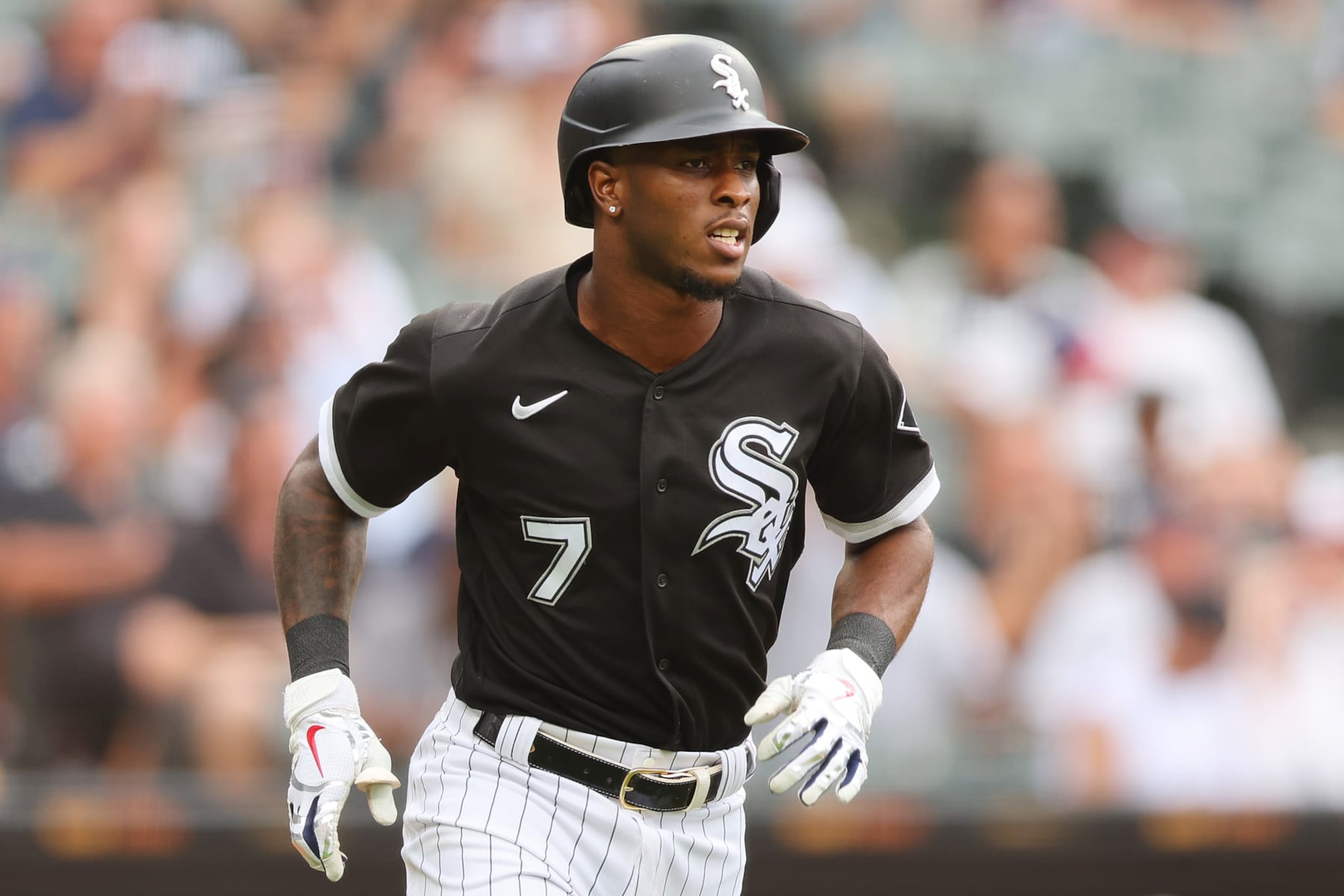 CHICAGO, ILLINOIS - AUGUST 03: Tim Anderson #7 of the Chicago White Sox singles during the third inning against the Kansas City Royals at Guaranteed Rate Field on August 03, 2022 in Chicago, Illinois. (Photo by Michael Reaves/Getty Images)