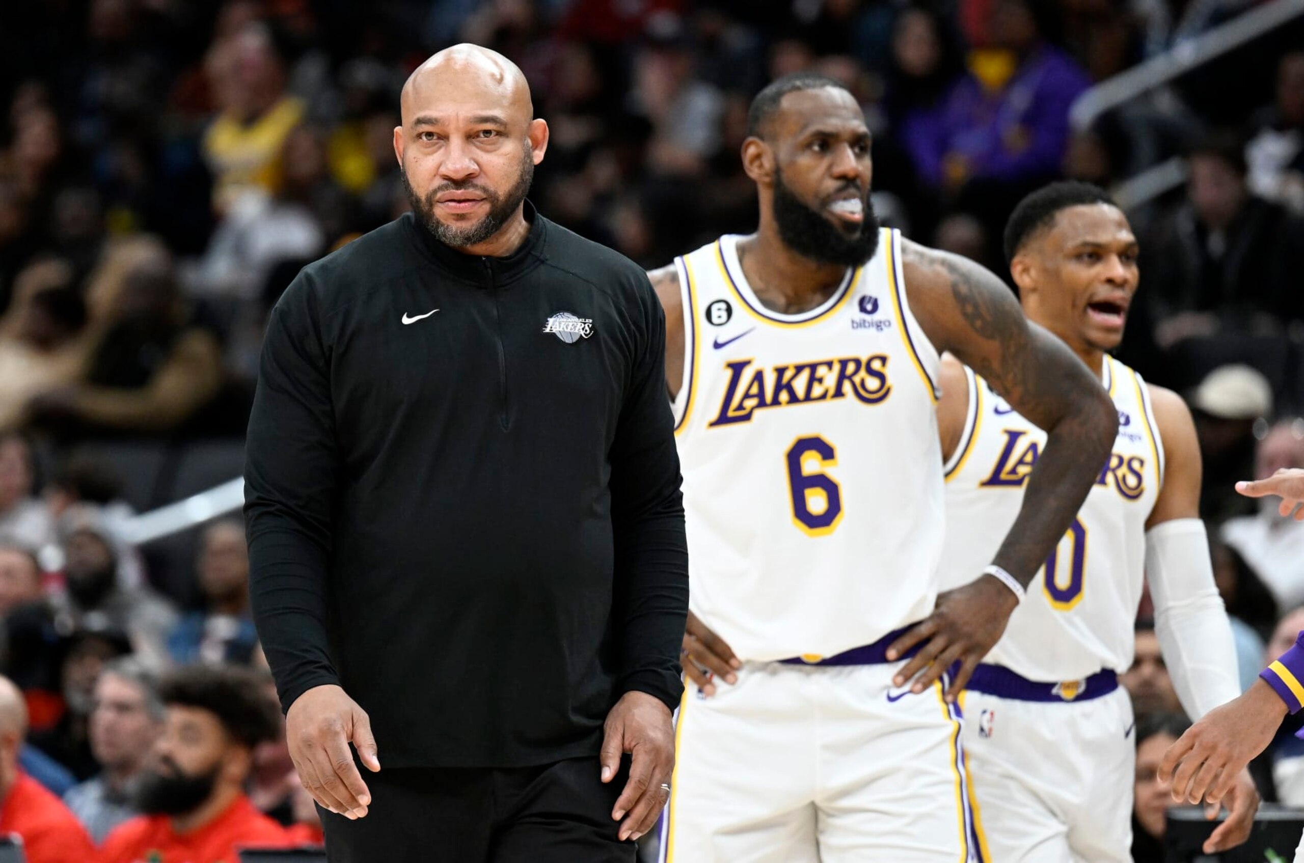 WASHINGTON, DC - DECEMBER 04: Head coach Darvin Ham of the Los Angeles Lakers watches the game against the Washington Wizards at Capital One Arena on December 04, 2022 in Washington, DC. NOTE TO USER: User expressly acknowledges and agrees that, by downloading and or using this photograph, User is consenting to the terms and conditions of the Getty Images License Agreement.  (Photo by G Fiume/Getty Images)
