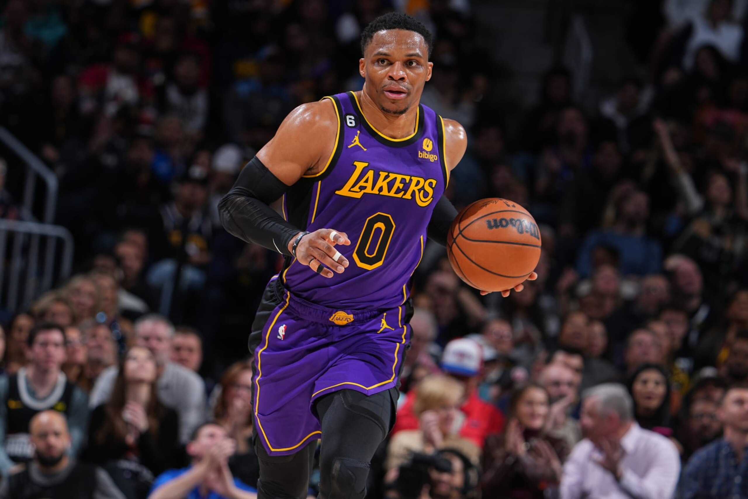 DENVER, CO - JANUARY 9: Russell Westbrook #0 of the Los Angeles Lakers dribbles the ball during the game against the Denver Nuggets on January 9, 2023 at the Ball Arena in Denver, Colorado. NOTE TO USER: User expressly acknowledges and agrees that, by downloading and/or using this Photograph, user is consenting to the terms and conditions of the Getty Images License Agreement. Mandatory Copyright Notice: Copyright 2023 NBAE (Photo by Bart Young/NBAE via Getty Images)