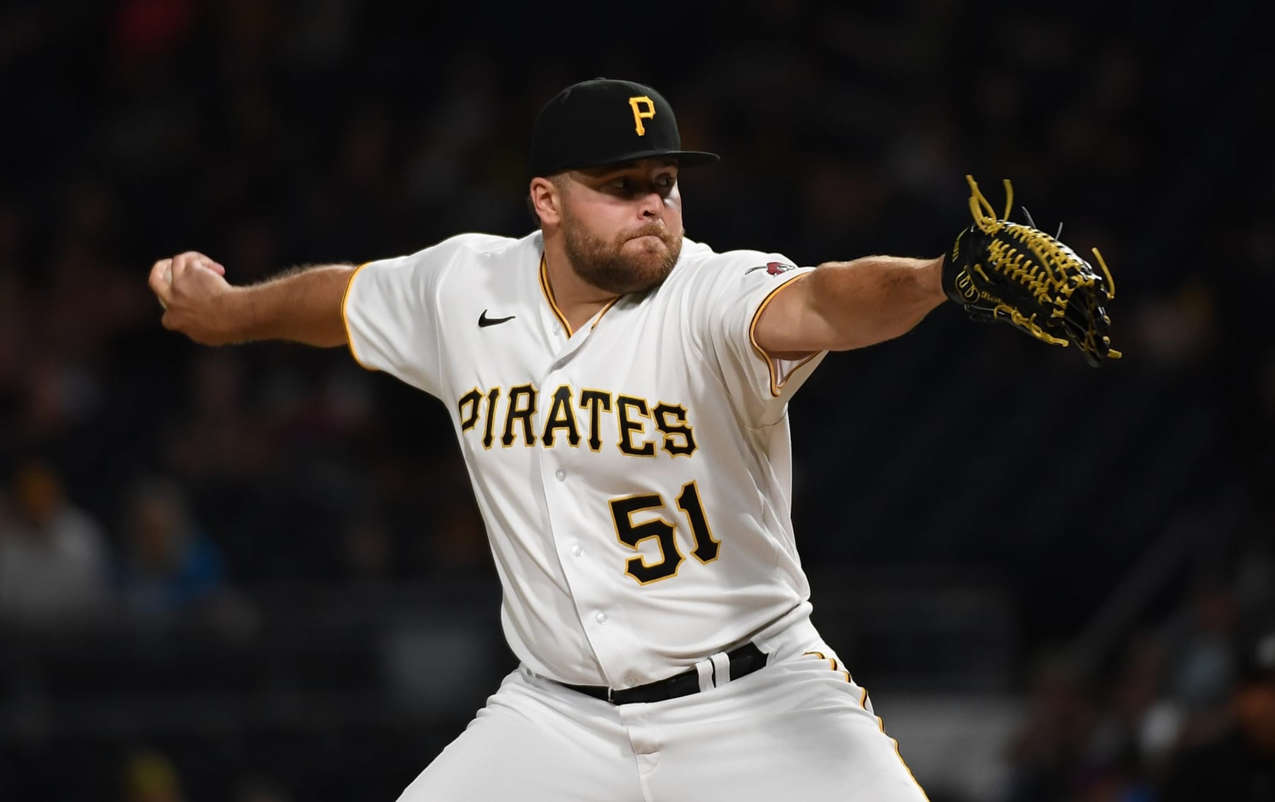 PITTSBURGH, PA - JULY 23: David Bednar #51 of the Pittsburgh Pirates delivers a pitch in the ninth inning during the game against the Miami Marlins at PNC Park on July 23, 2022 in Pittsburgh, Pennsylvania. (Photo by Justin Berl/Getty Images)