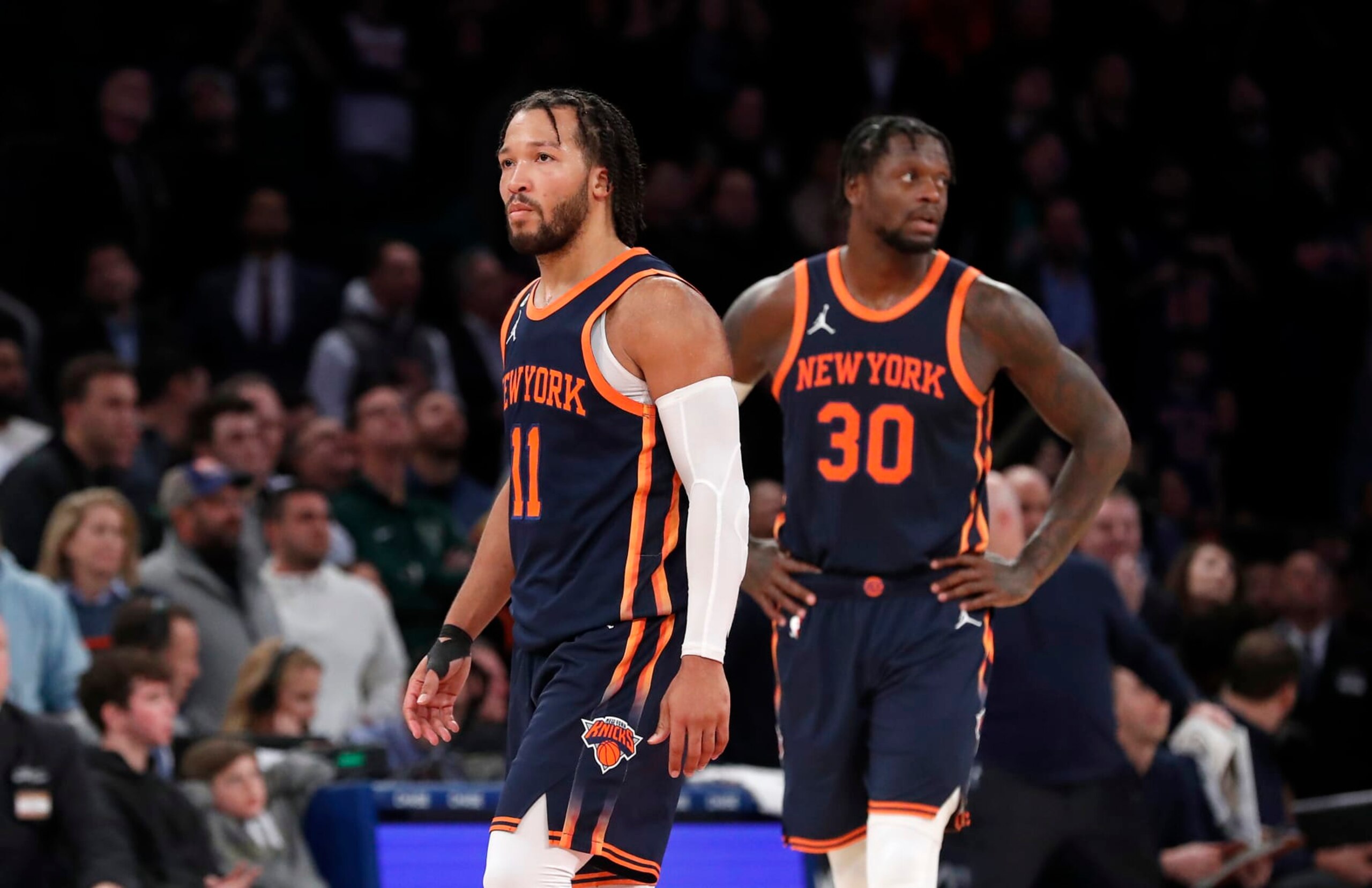 NEW YORK, NEW YORK - NOVEMBER 30: (NEW YORK DAILIES OUT) Jalen Brunson #11 and Julius Randle #30 of the New York Knicks in action against the at Madison Square Garden on November 30, 2022 in New York City. The Bucks defeated the Knicks 109-103. NOTE TO USER: User expressly acknowledges and agrees that, by downloading and or using this photograph, User is consenting to the terms and conditions of the Getty Images License Agreement. (Photo by Jim McIsaac/Getty Images) NEW YORK, NEW YORK - NOVEMBER 30: (NEW YORK DAILIES OUT) Jalen Brunson #11 and Julius Randle #30 of the New York Knicks in action against the at Madison Square Garden on November 30, 2022 in New York City. The Bucks defeated the Knicks 109-103. NOTE TO USER: User expressly acknowledges and agrees that, by downloading and or using this photograph, User is consenting to the terms and conditions of the Getty Images License Agreement. (Photo by Jim McIsaac/Getty Images)