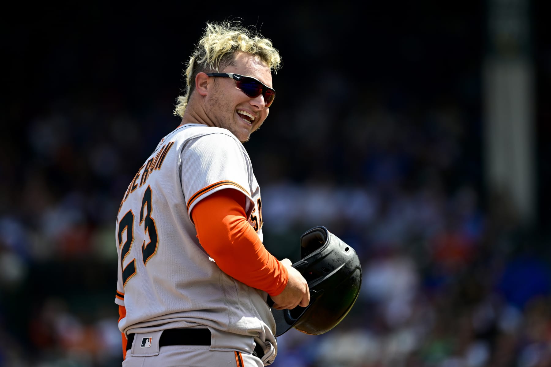 CHICAGO, ILLINOIS - SEPTEMBER 10: Joc Pederson #23 of the San Francisco Giants reacts on third base in the second inning against the Chicago Cubs at Wrigley Field on September 10, 2022 in Chicago, Illinois. (Photo by Quinn Harris/Getty Images)