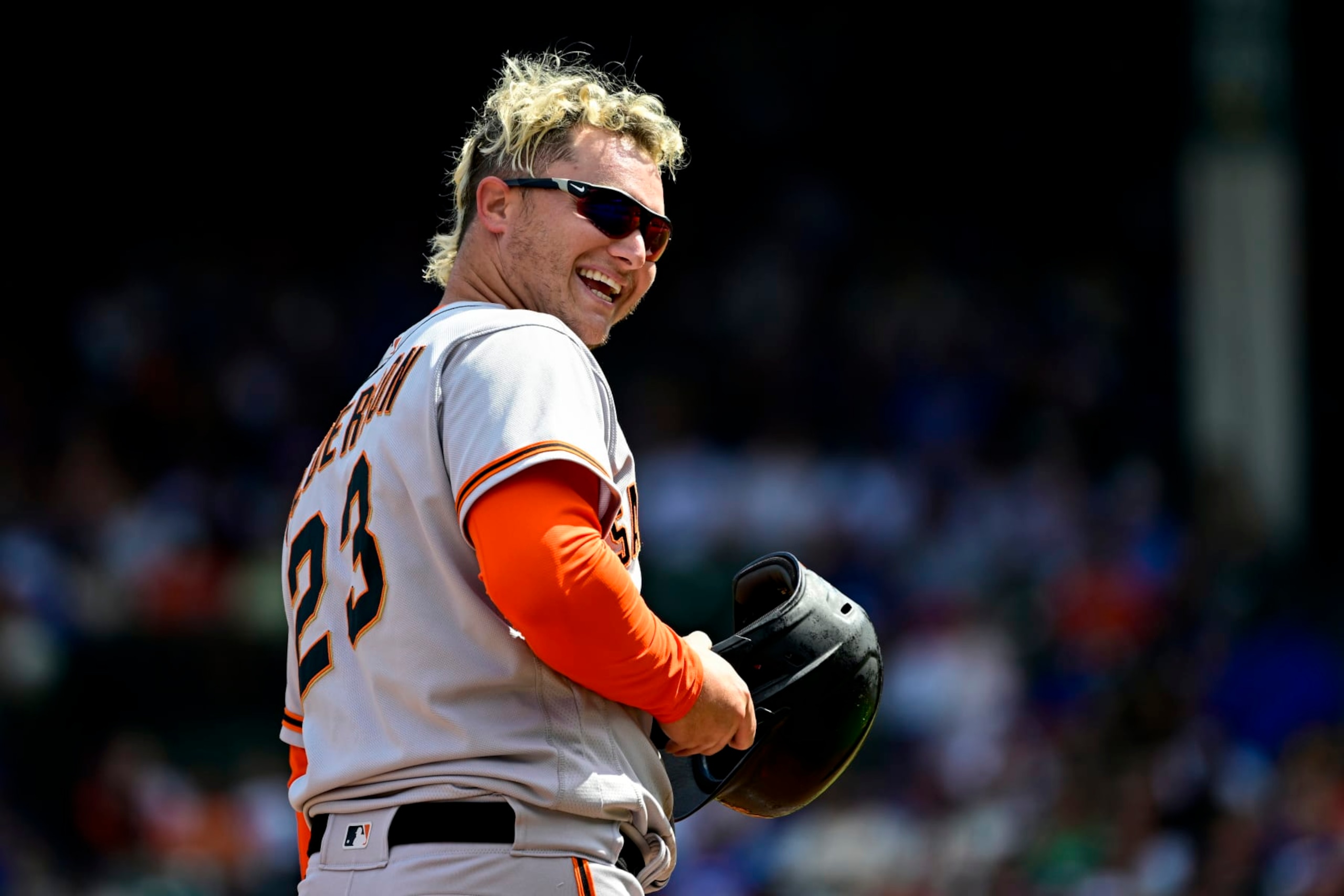 CHICAGO, ILLINOIS - SEPTEMBER 10: Joc Pederson #23 of the San Francisco Giants reacts on third base in the second inning against the Chicago Cubs at Wrigley Field on September 10, 2022 in Chicago, Illinois. (Photo by Quinn Harris/Getty Images)