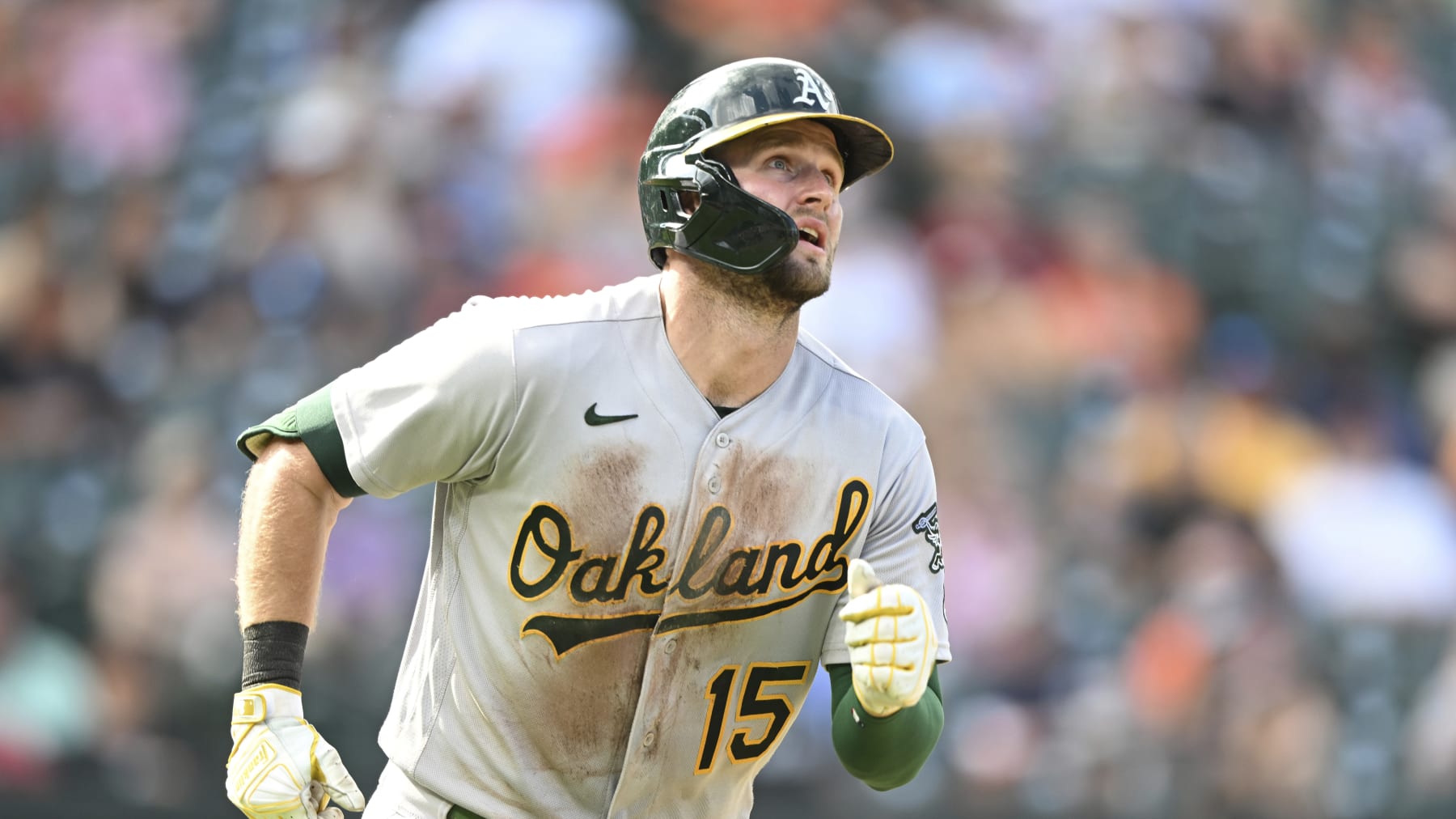 Oakland Athletics' Seth Brown watches his solo home run against the Baltimore Orioles in the eighth inning of a baseball game, Sunday, Sept. 4, 2022, in Baltimore. The Athletics won 5-0. (AP Photo/Gail Burton)