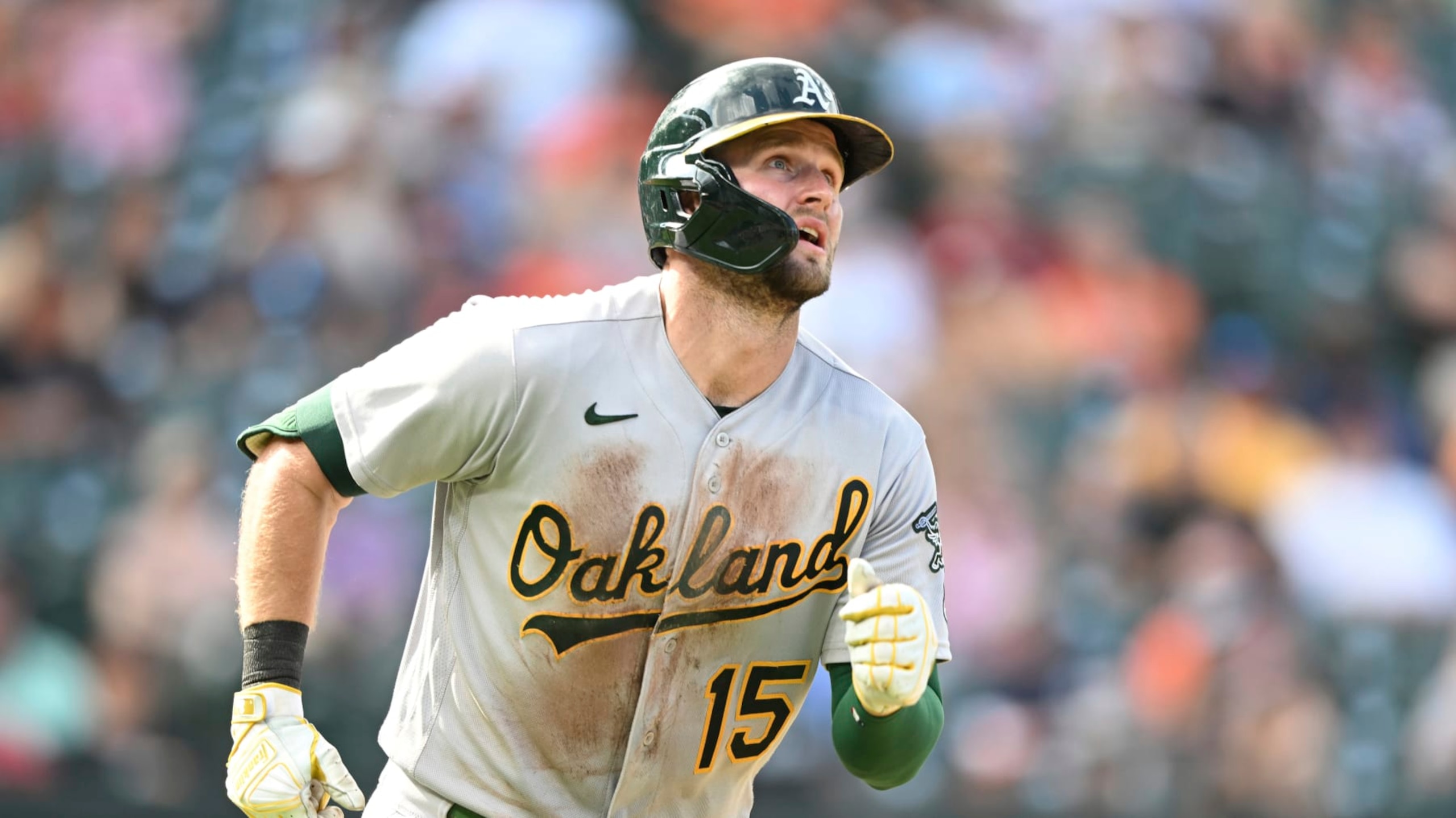 Oakland Athletics' Seth Brown watches his solo home run against the Baltimore Orioles in the eighth inning of a baseball game, Sunday, Sept. 4, 2022, in Baltimore. The Athletics won 5-0. (AP Photo/Gail Burton)
