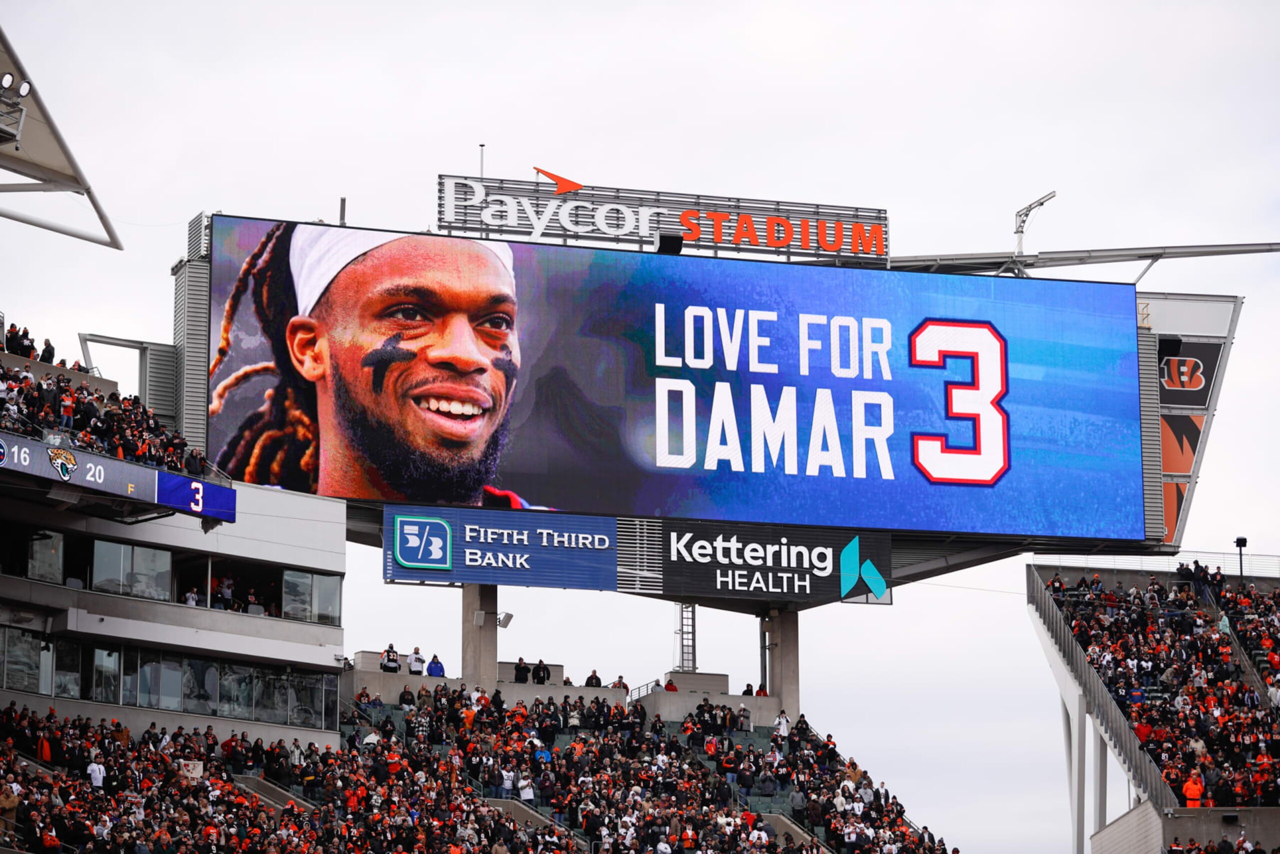 CINCINNATI, OH - JANUARY 08: Love for Damar is displayed on the scoreboard for Buffalo Bills Damar Hamlin before the game against the Baltimore Ravens and the Cincinnati Bengals on January 8, 2023, at Paycor Stadium in Cincinnati, OH. (Photo by Ian Johnson/Icon Sportswire via Getty Images)