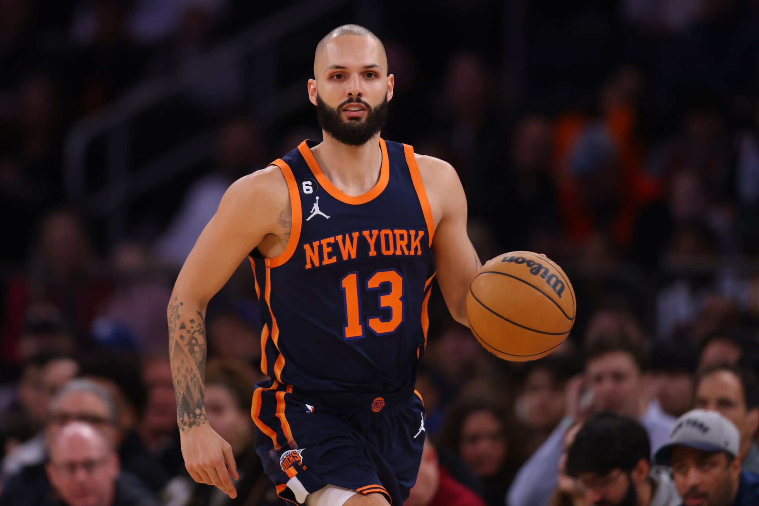 NEW YORK, NEW YORK - JANUARY 02: Evan Fournier #13 of the New York Knicks in action against the Phoenix Suns at Madison Square Garden on January 02, 2023 in New York City. NOTE TO USER: User expressly acknowledges and agrees that, by downloading and or using this Photograph, user is consenting to the terms and conditions of the Getty Images License Agreement. New York Knicks defeated the Phoenix Suns 102-83. (Photo by Mike Stobe/Getty Images) NEW YORK, NEW YORK - JANUARY 02: Evan Fournier #13 of the New York Knicks in action against the Phoenix Suns at Madison Square Garden on January 02, 2023 in New York City. NOTE TO USER: User expressly acknowledges and agrees that, by downloading and or using this Photograph, user is consenting to the terms and conditions of the Getty Images License Agreement. New York Knicks defeated the Phoenix Suns 102-83. (Photo by Mike Stobe/Getty Images)