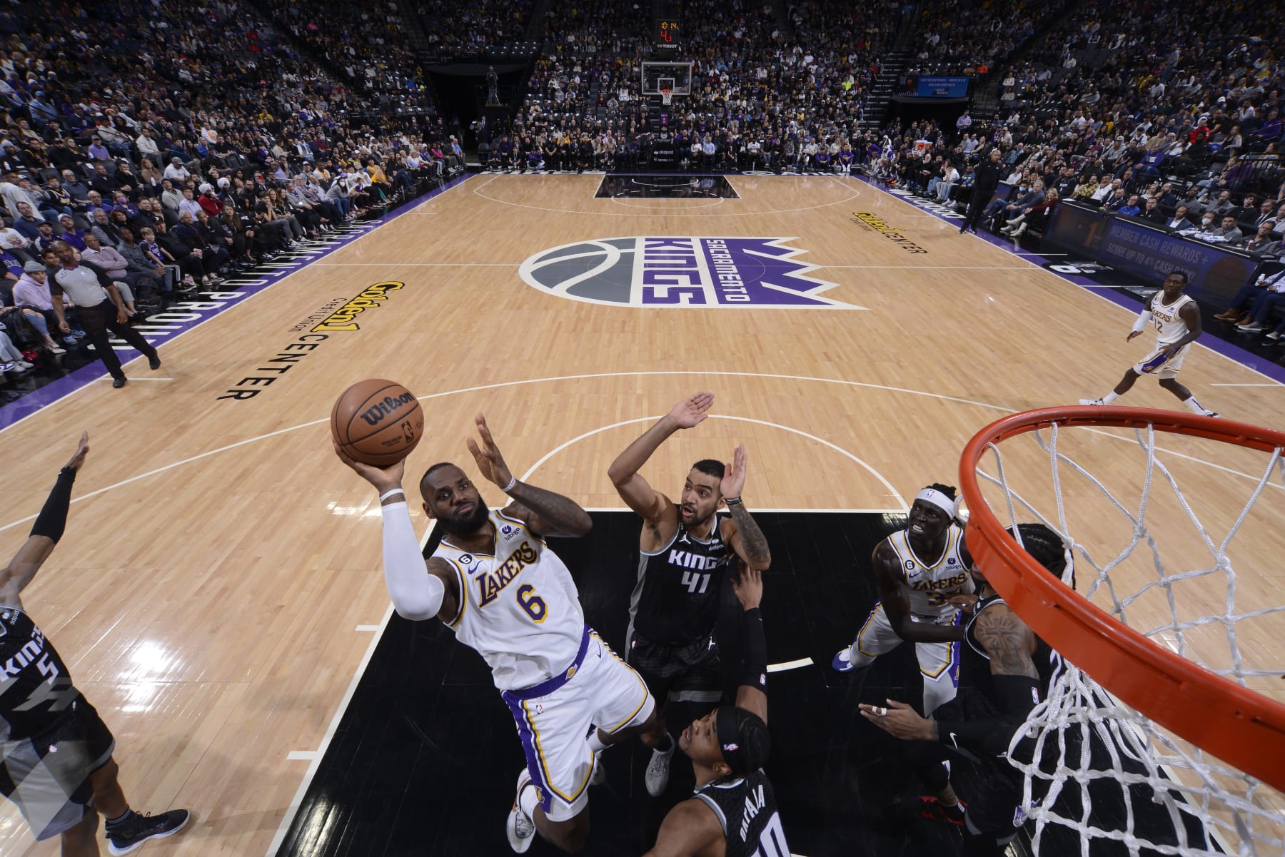 SACRAMENTO, CA - JANUARY 7: LeBron James #6 of the Los Angeles Lakers drives to the basket during the game against the Sacramento Kings on January 7, 2023 at Golden 1 Center in Sacramento, California. NOTE TO USER: User expressly acknowledges and agrees that, by downloading and or using this Photograph, user is consenting to the terms and conditions of the Getty Images License Agreement. Mandatory Copyright Notice: Copyright 2023 NBAE (Photo by Rocky Widner/NBAE via Getty Images)