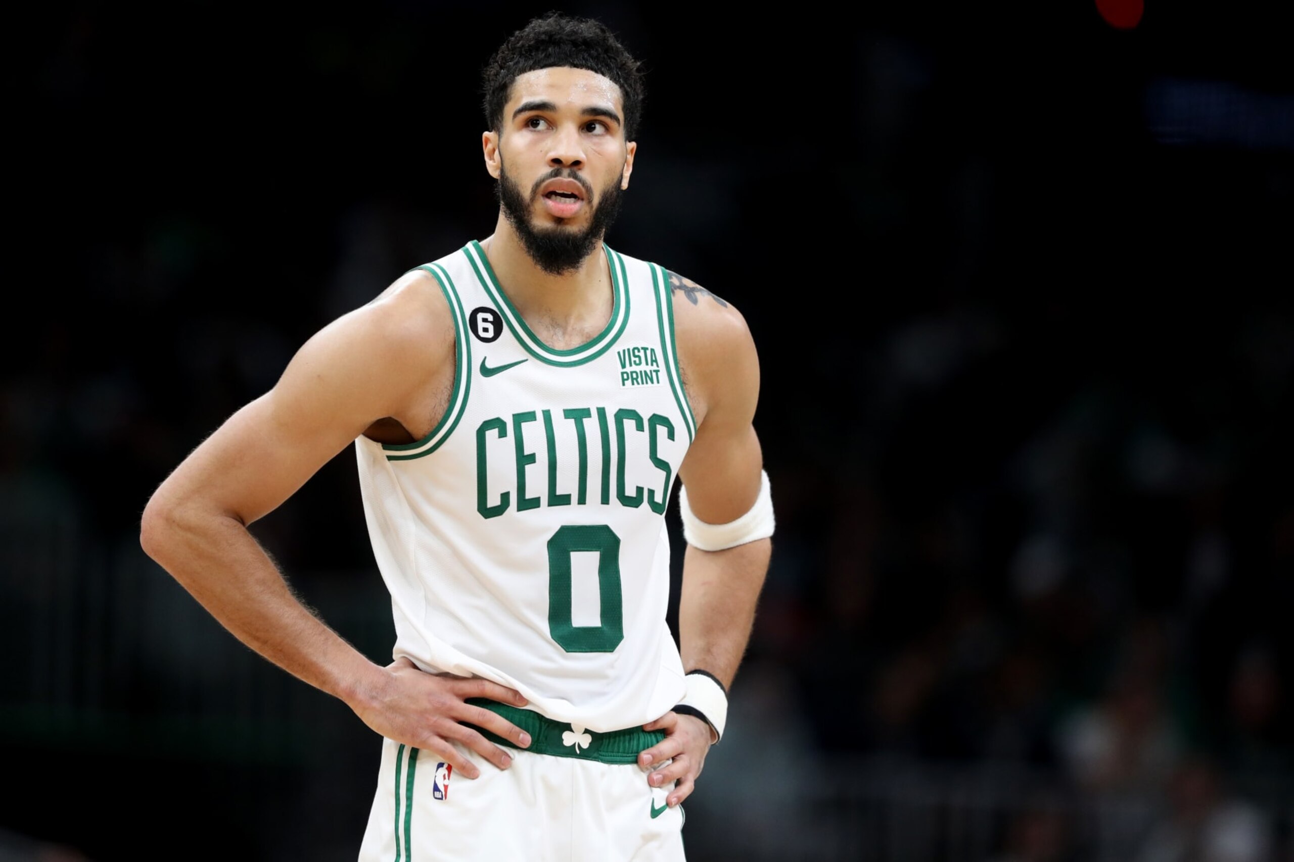 BOSTON, MASSACHUSETTS - JANUARY 09: Jayson Tatum #0 of the Boston Celtics looks on during the second half against the Chicago Bulls at TD Garden on January 09, 2023 in Boston, Massachusetts. The Celtics defeat the Bulls 107-99. NOTE TO USER: User expressly acknowledges and agrees that, by downloading and or using this photograph, User is consenting to the terms and conditions of the Getty Images License Agreement. (Photo by Maddie Meyer/Getty Images)
