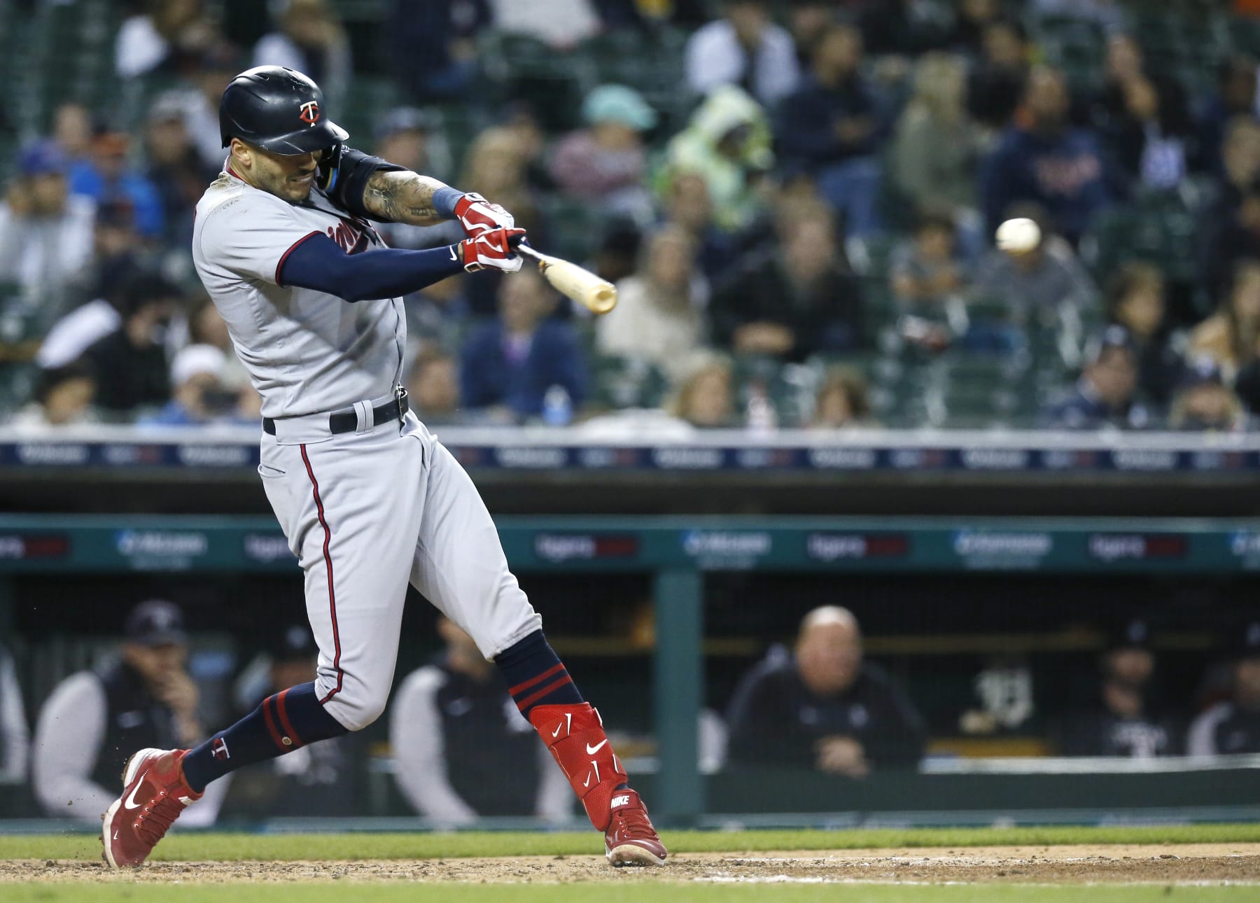 aDETROIT, MI -  SEPTEMBER 30:  Carlos Correa #4 of the Minnesota Twins singles against the Detroit Tigers during the fifth inning at Comerica Park on September 30, 2022, in Detroit, Michigan. (Photo by Duane Burleson/Getty Images)
