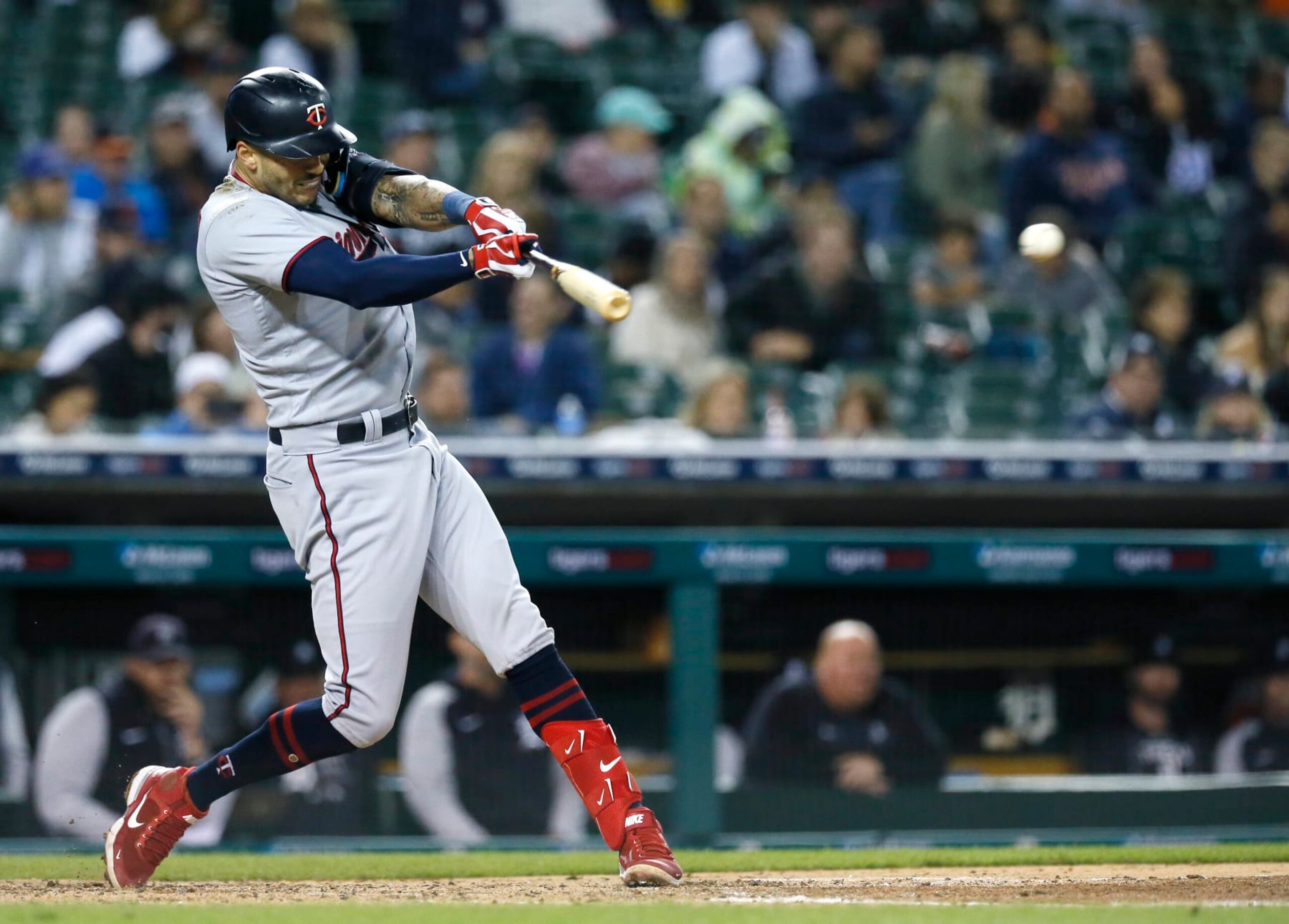 aDETROIT, MI -  SEPTEMBER 30:  Carlos Correa #4 of the Minnesota Twins singles against the Detroit Tigers during the fifth inning at Comerica Park on September 30, 2022, in Detroit, Michigan. (Photo by Duane Burleson/Getty Images)