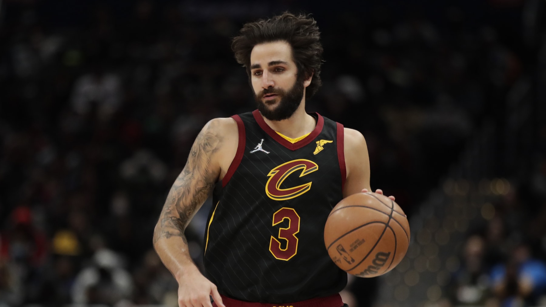 Cleveland Cavaliers' Ricky Rubio moves the ball during the second half of an NBA basketball game against the Washington Wizards, Friday, Dec. 3, 2021, in Washington.(AP Photo/Luis M. Alvarez)